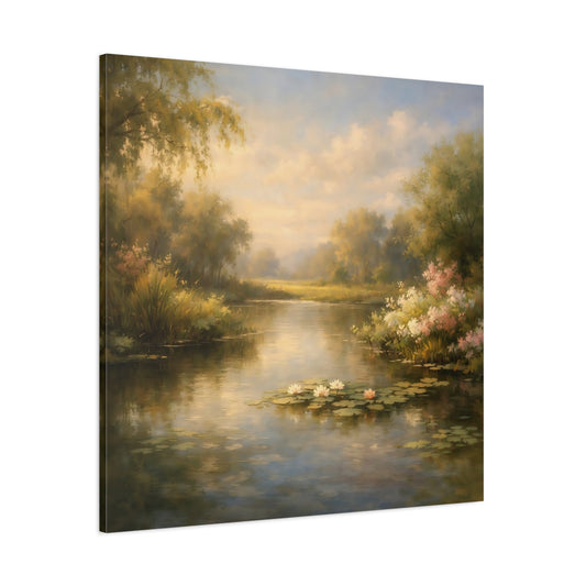 Main Mockup. Nature Water Lilies Golden Pond Landscape shown as stretched canvas wall art