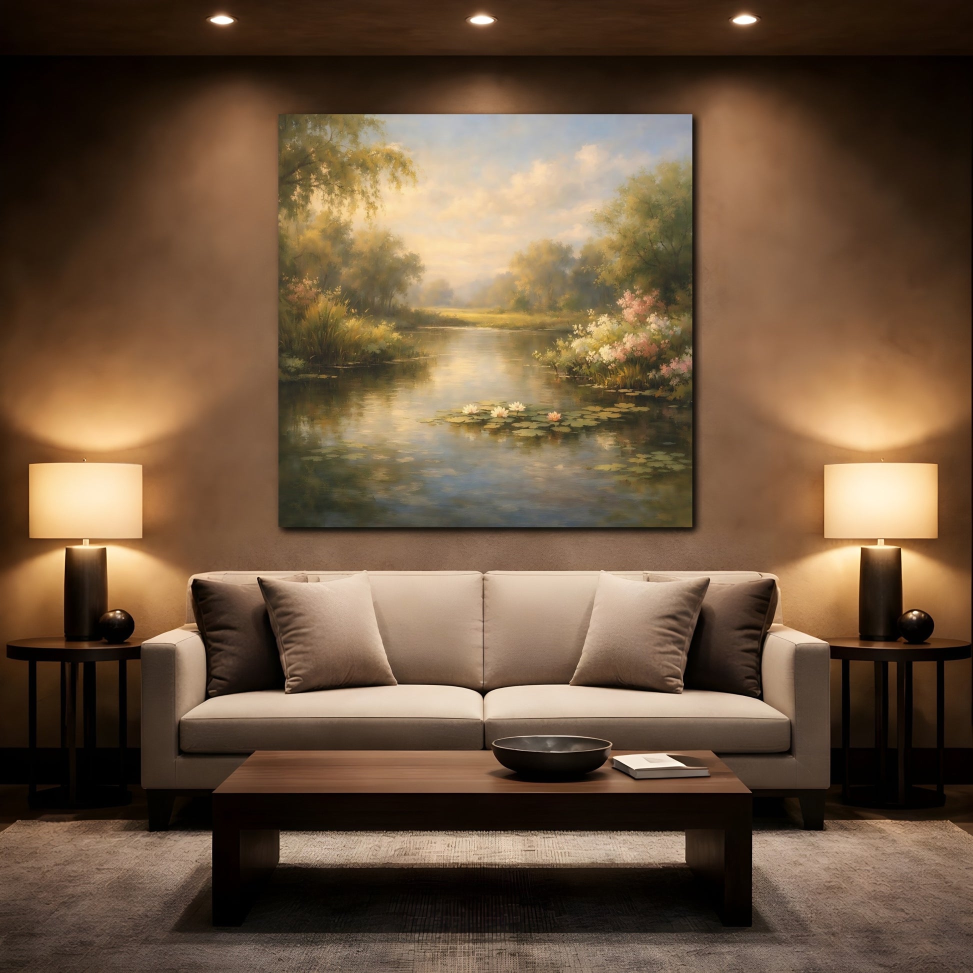 Mockup 2. Nature Water Lilies Golden Pond Landscape shown as stretched canvas wall art