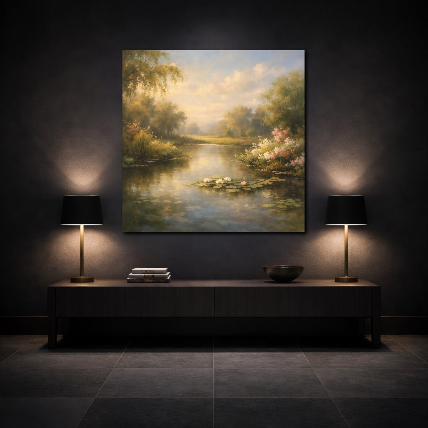 Mockup 3. Nature Water Lilies Golden Pond Landscape shown as stretched canvas wall art