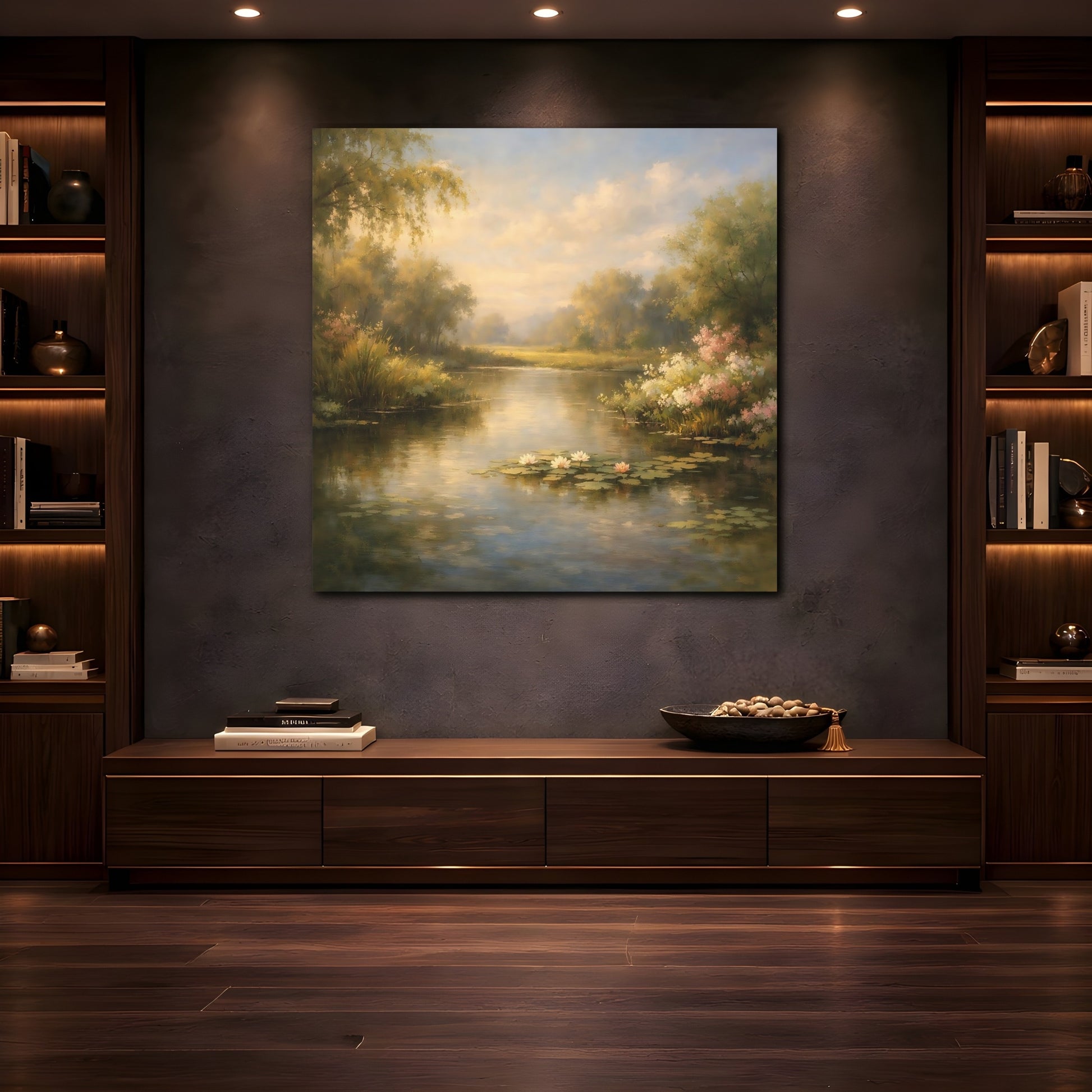 Mockup 4. Nature Water Lilies Golden Pond Landscape shown as stretched canvas wall art