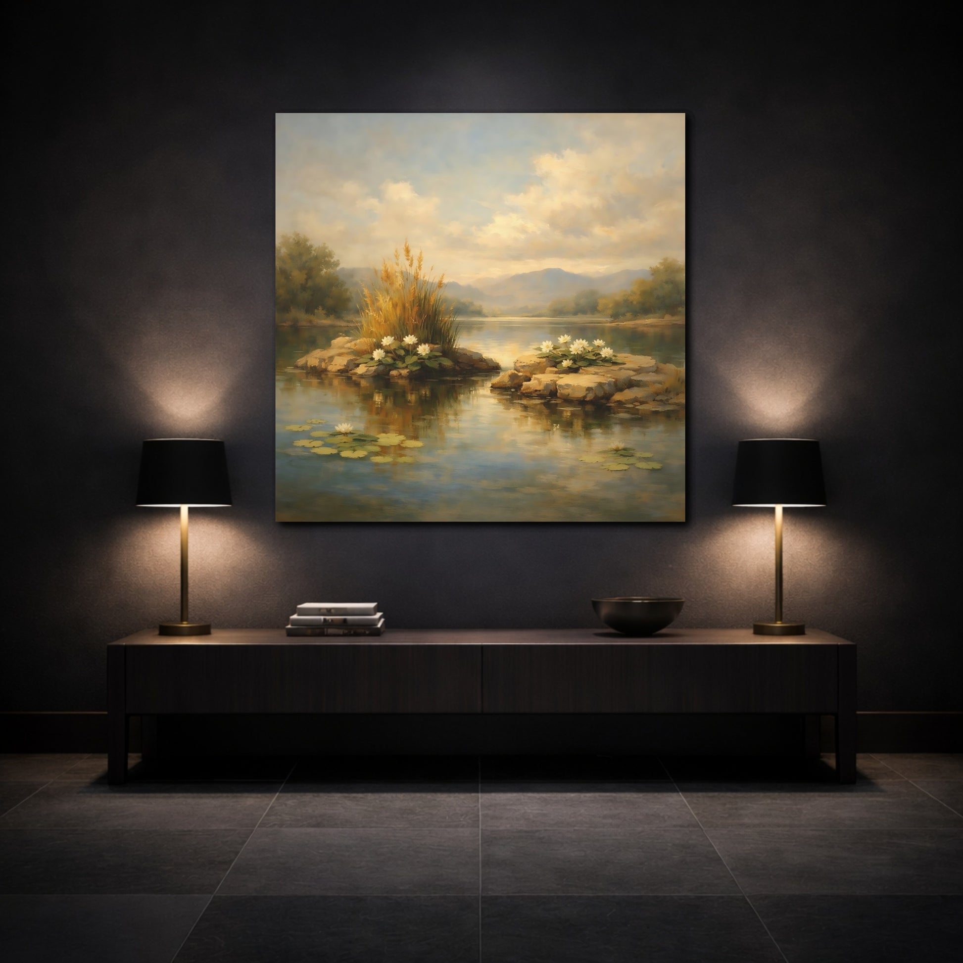 Mockup 3. Nature Water Lilies Lake Lily Landscape shown as stretched canvas wall art