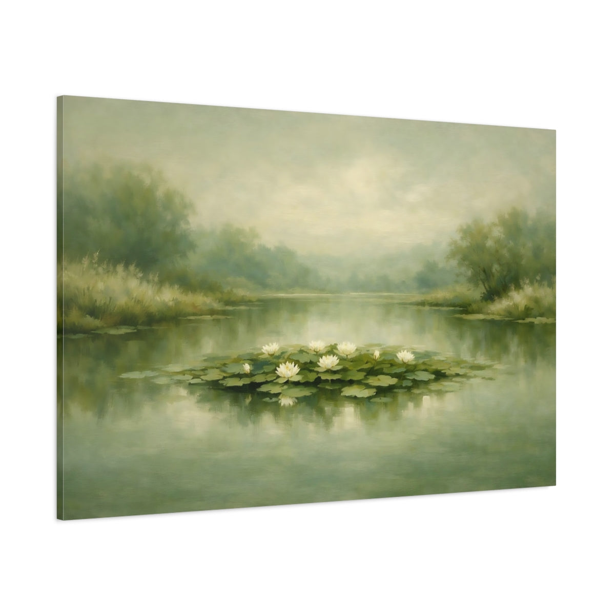 Main Mockup. Nature Water Lilies Misty Green Pond shown as stretched canvas wall art