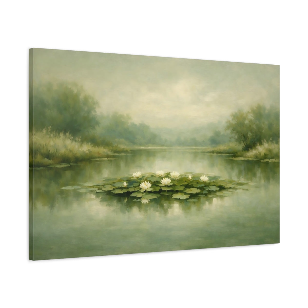 Side Mockup 1. Nature Water Lilies Misty Green Pond shown as stretched canvas wall art