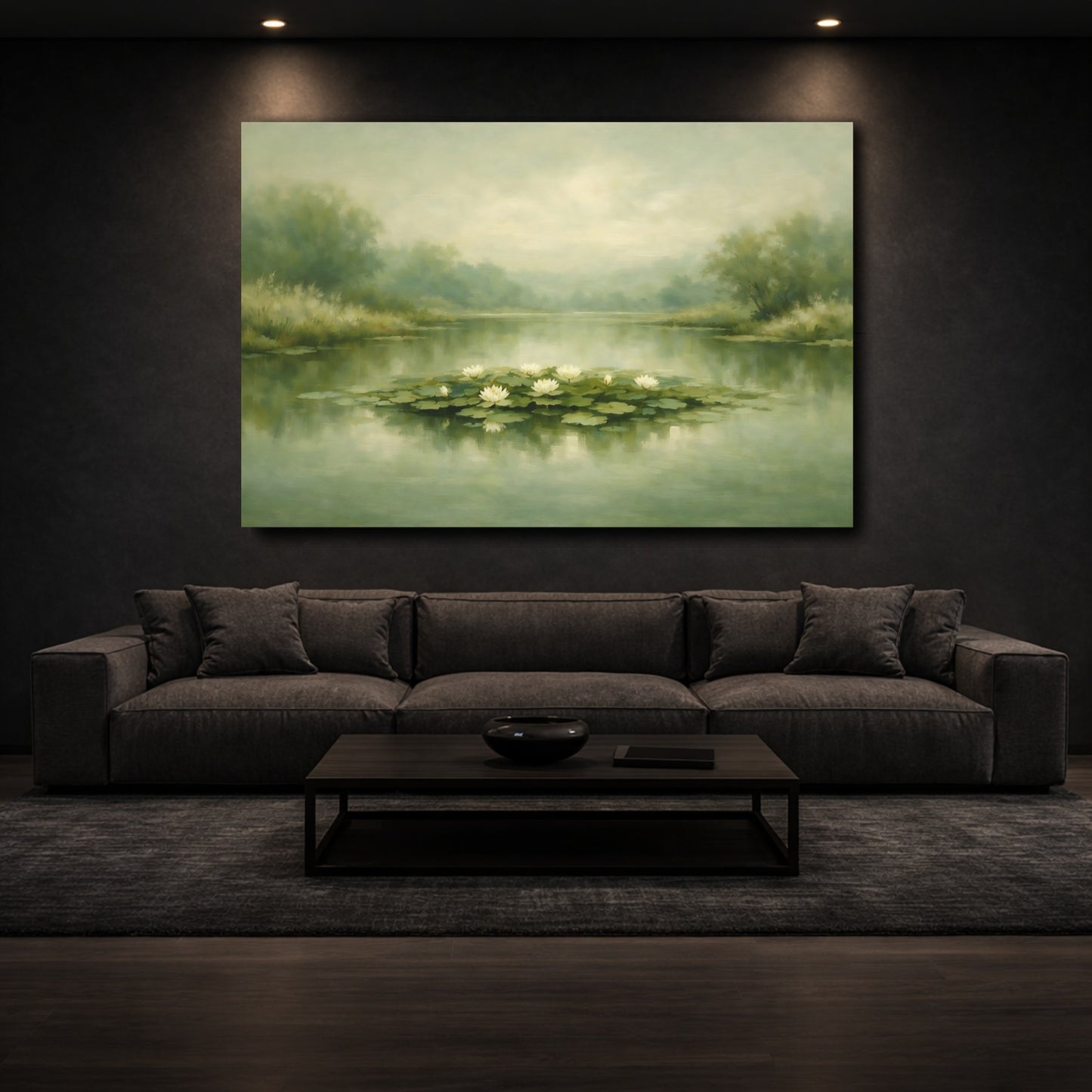Mockup 2. Nature Water Lilies Misty Green Pond shown as stretched canvas wall art