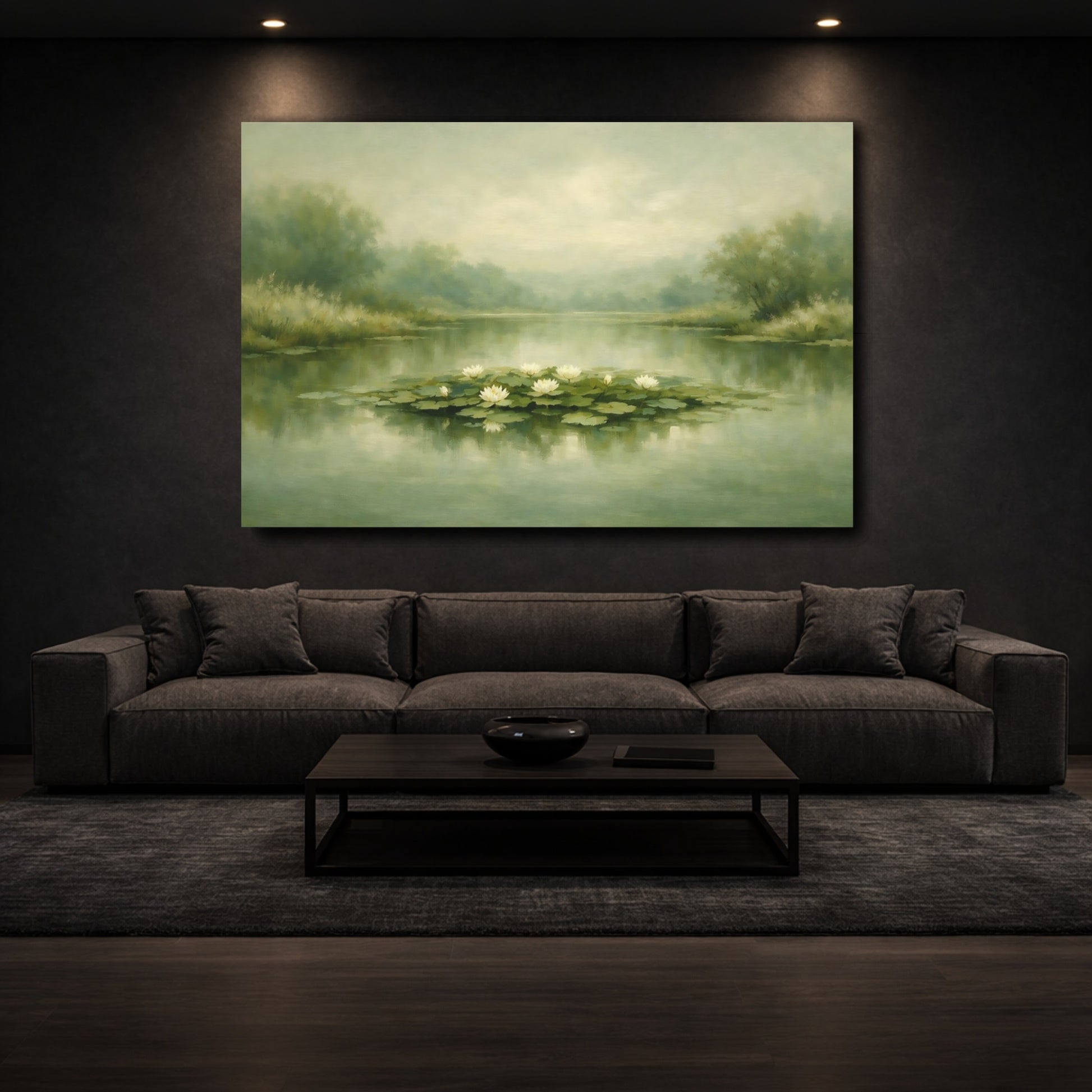Mockup 2. Nature Water Lilies Misty Green Pond shown as stretched canvas wall art