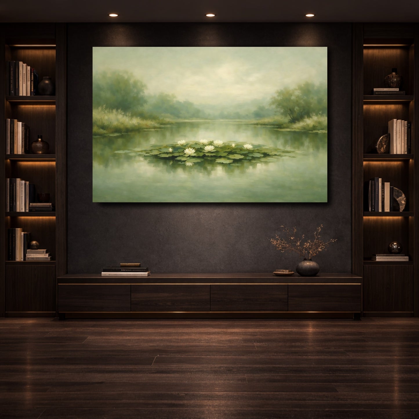Mockup 3. Nature Water Lilies Misty Green Pond shown as stretched canvas wall art