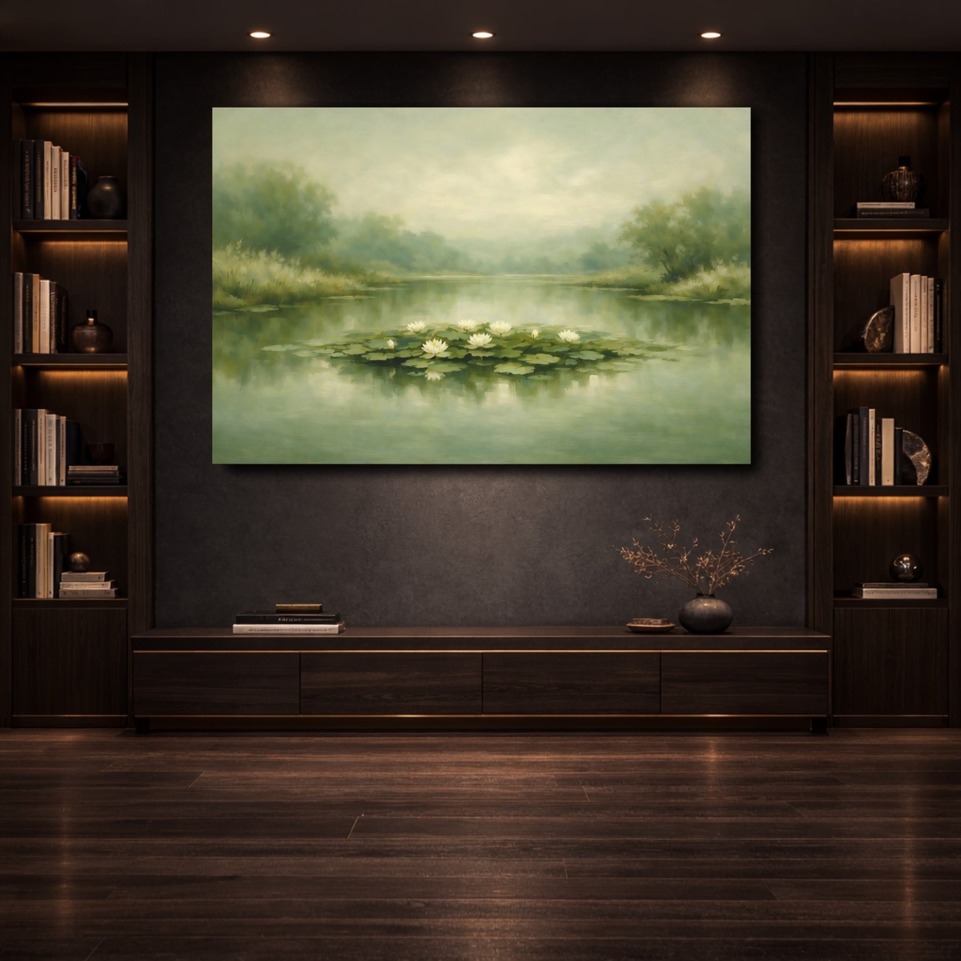 Mockup 3. Nature Water Lilies Misty Green Pond shown as stretched canvas wall art
