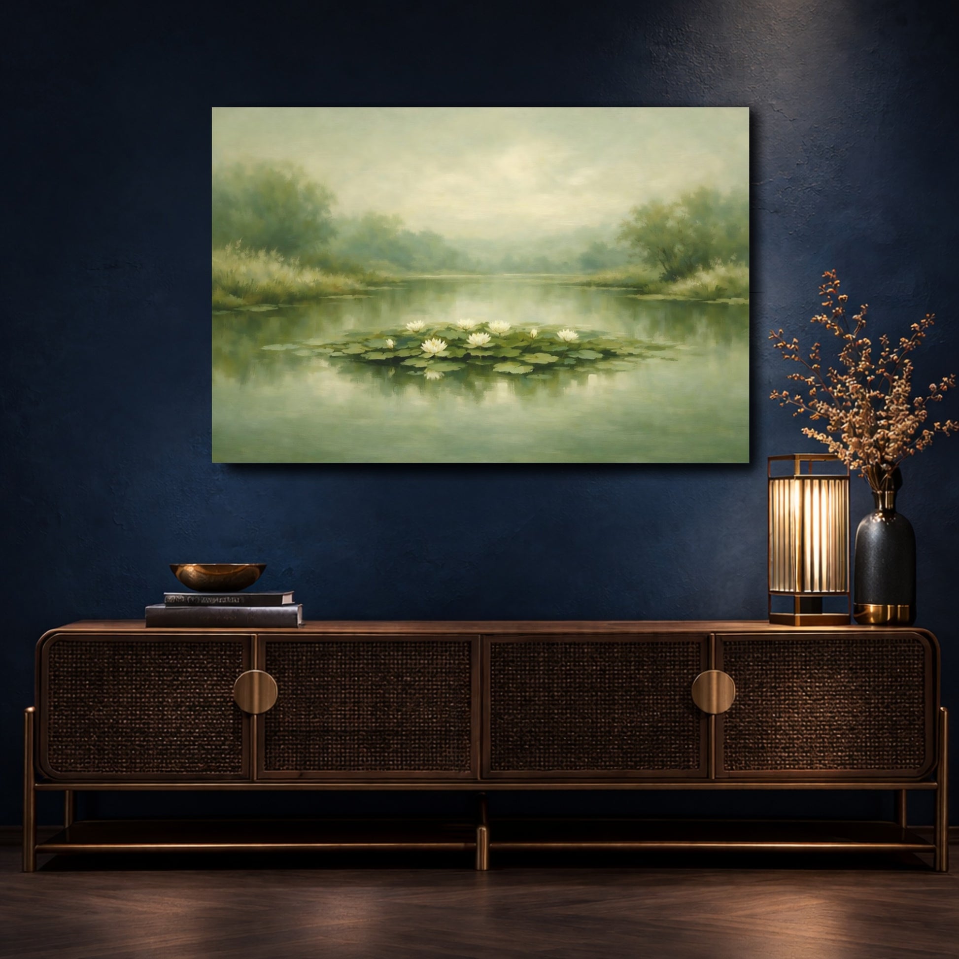 Mockup 4. Nature Water Lilies Misty Green Pond shown as stretched canvas wall art