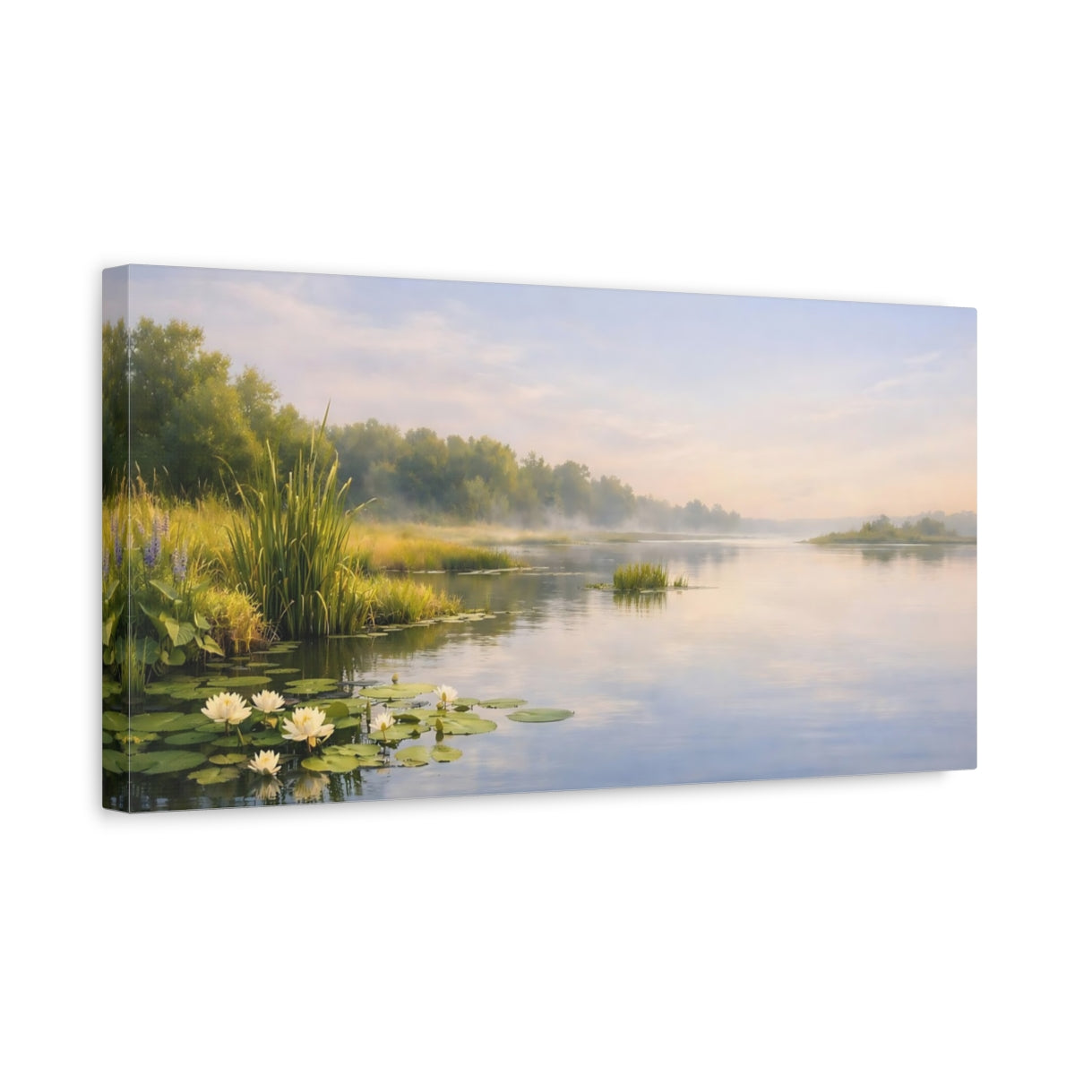 Side Mockup 3. Nature Water Lilies Misty Morning Lake shown as stretched canvas wall art