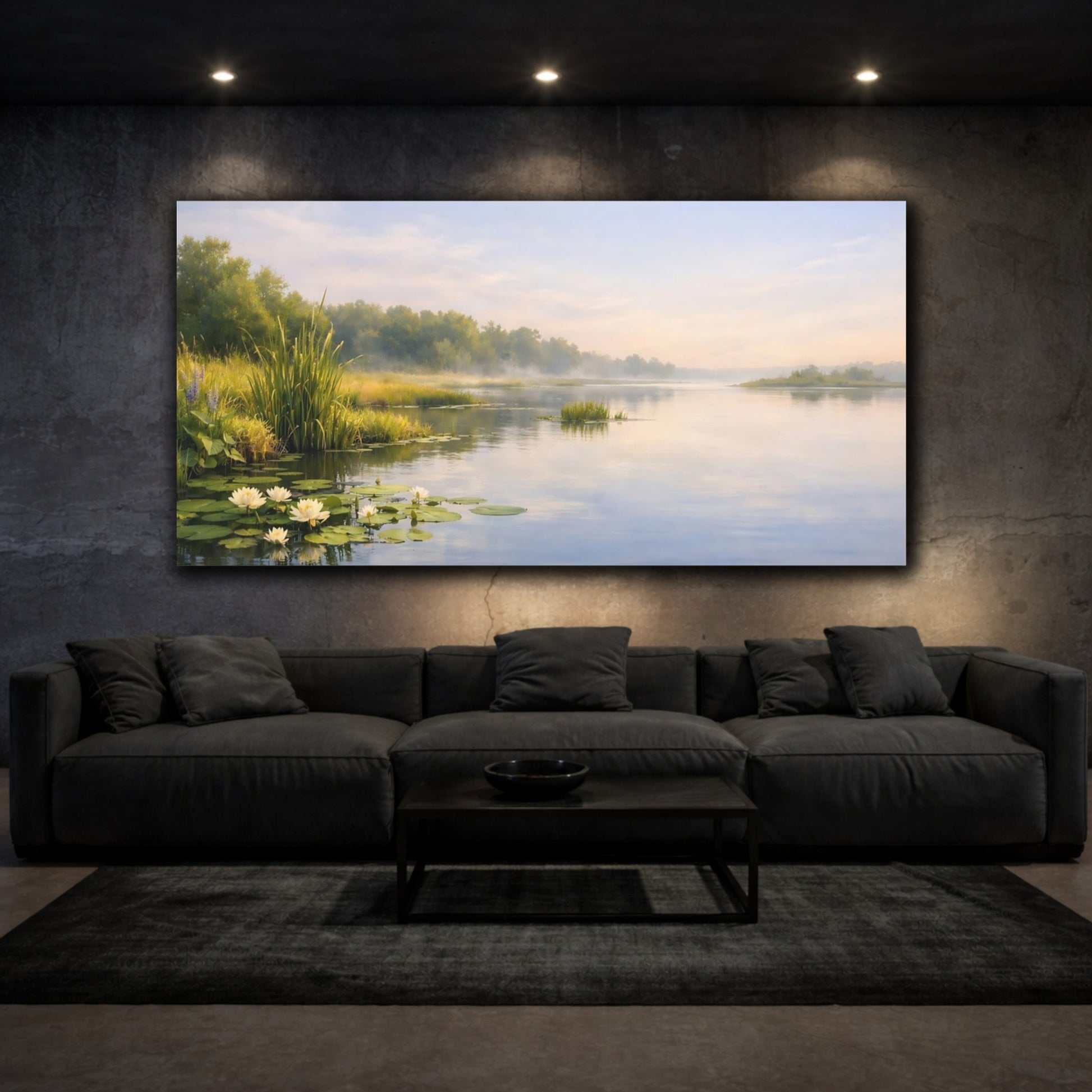 Mockup 2. Nature Water Lilies Misty Morning Lake shown as stretched canvas wall art