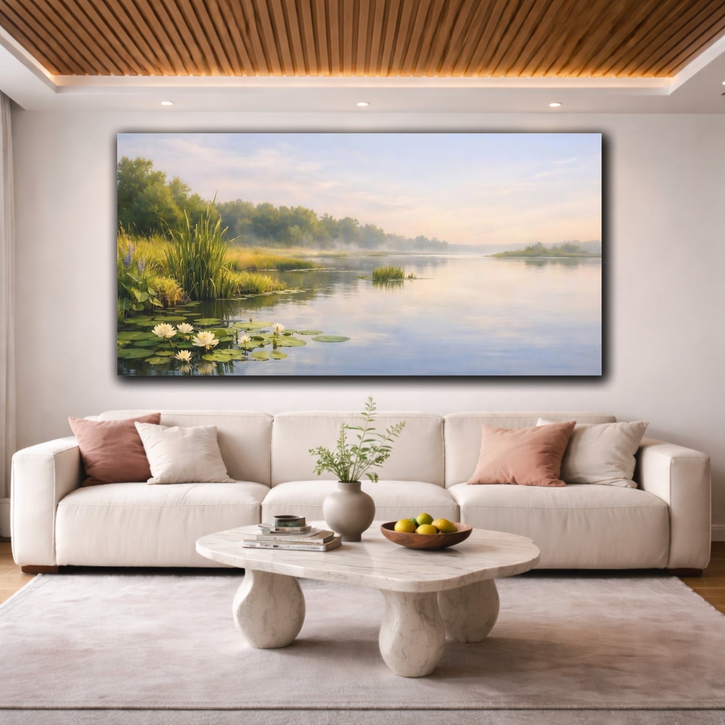 Mockup 3. Nature Water Lilies Misty Morning Lake shown as stretched canvas wall art
