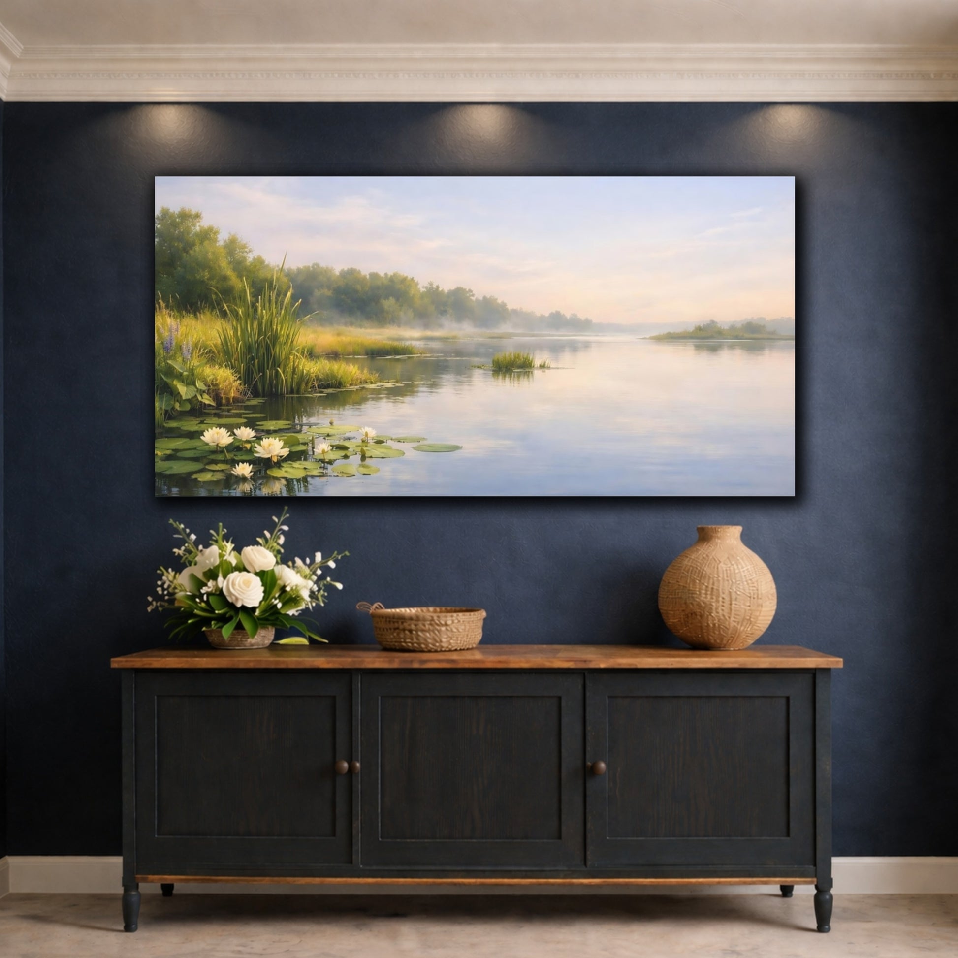 Mockup 4. Nature Water Lilies Misty Morning Lake shown as stretched canvas wall art