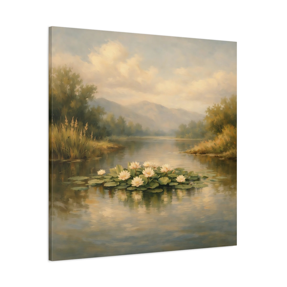 Main Mockup. Nature Water Lilies Pastel Lakeside shown as stretched canvas wall art