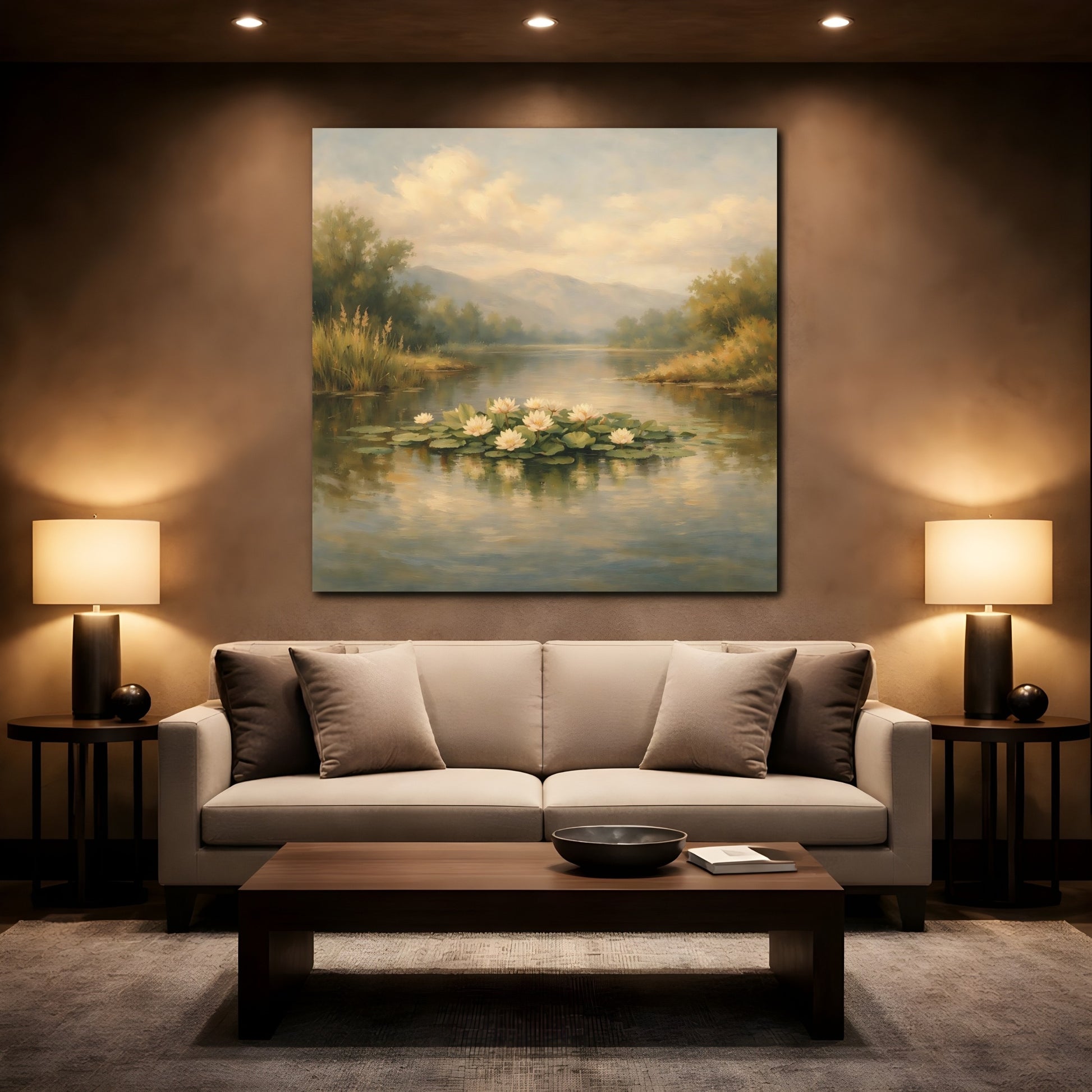Mockup 2. Nature Water Lilies Pastel Lakeside shown as stretched canvas wall art