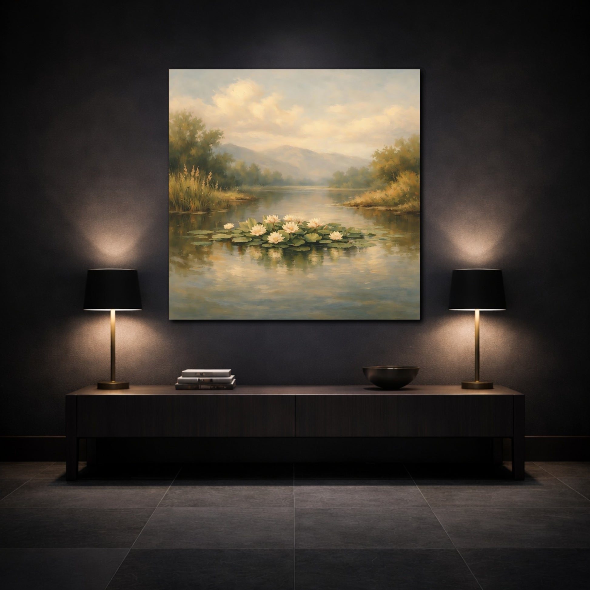 Mockup 3. Nature Water Lilies Pastel Lakeside shown as stretched canvas wall art