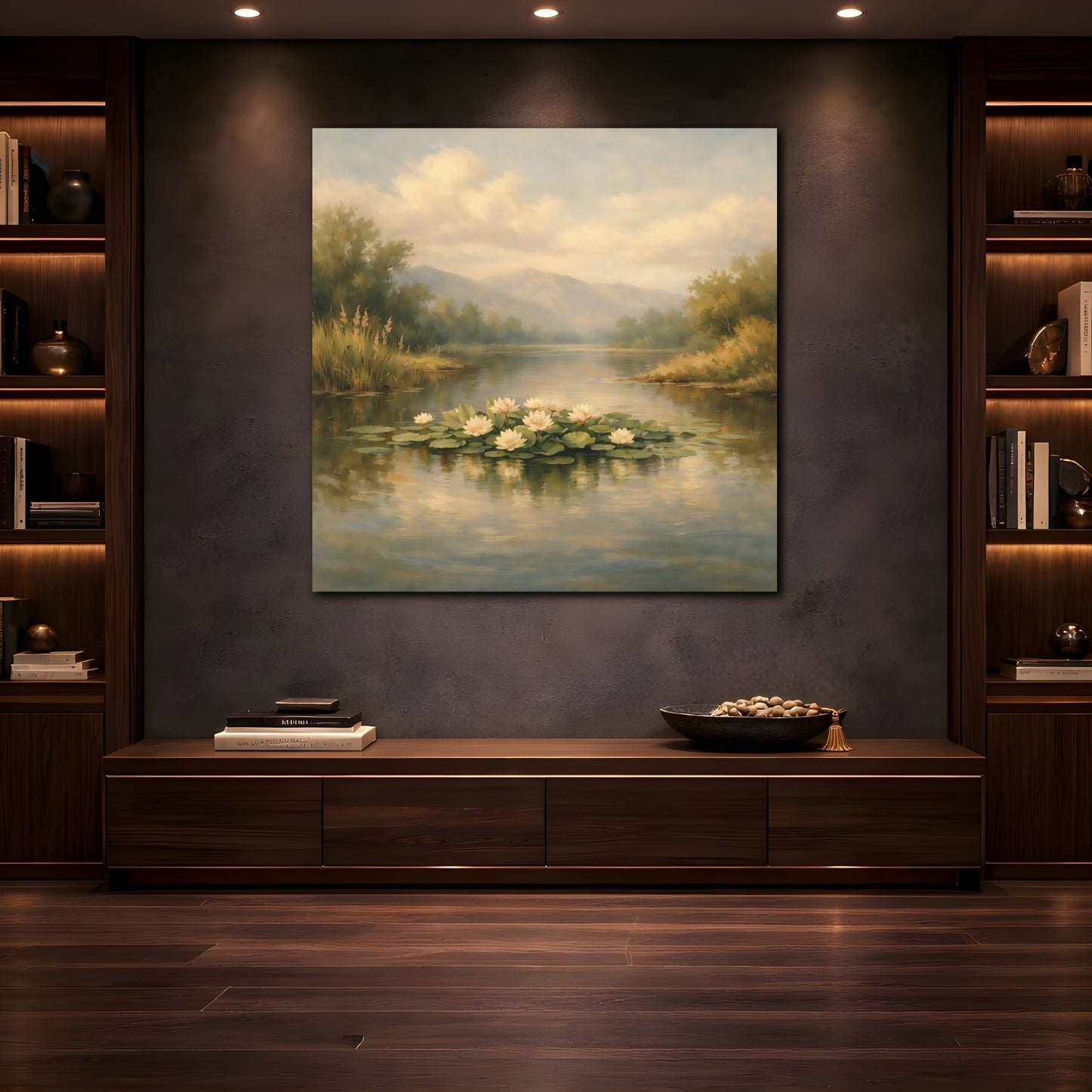Mockup 4. Nature Water Lilies Pastel Lakeside shown as stretched canvas wall art