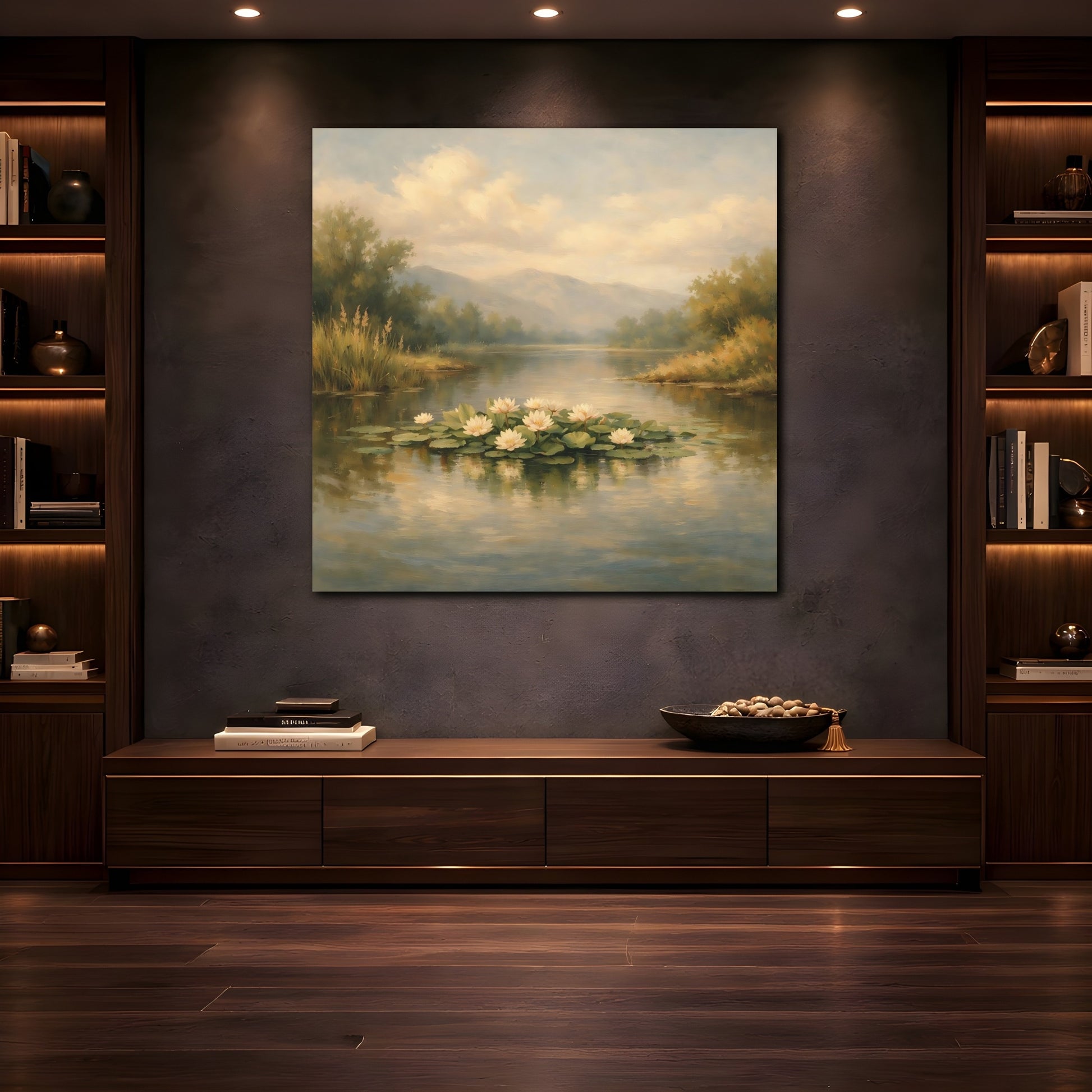 Mockup 4. Nature Water Lilies Pastel Lakeside shown as stretched canvas wall art