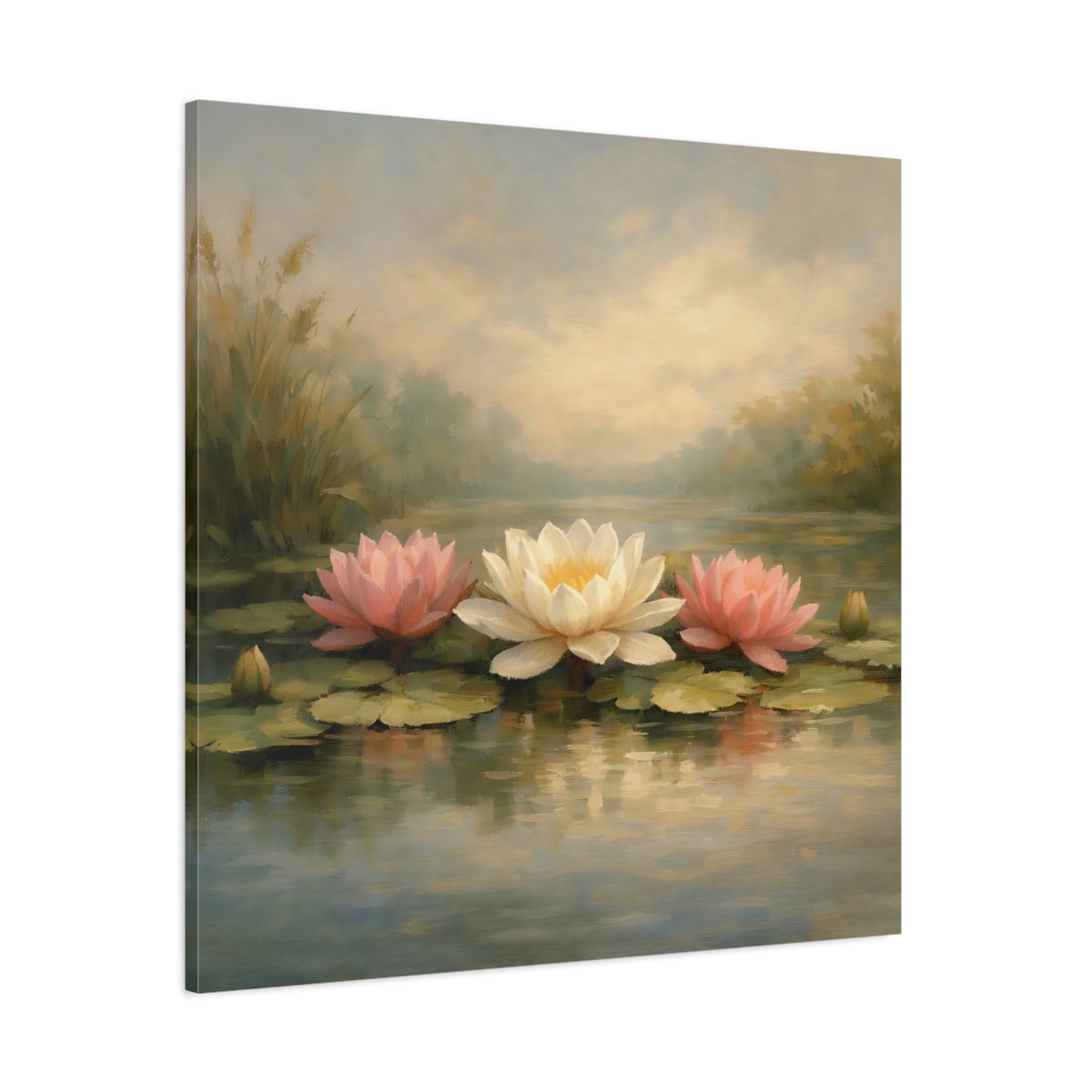 Main Mockup. Nature Water Lilies Pink And White Water Lilies shown as stretched canvas wall art