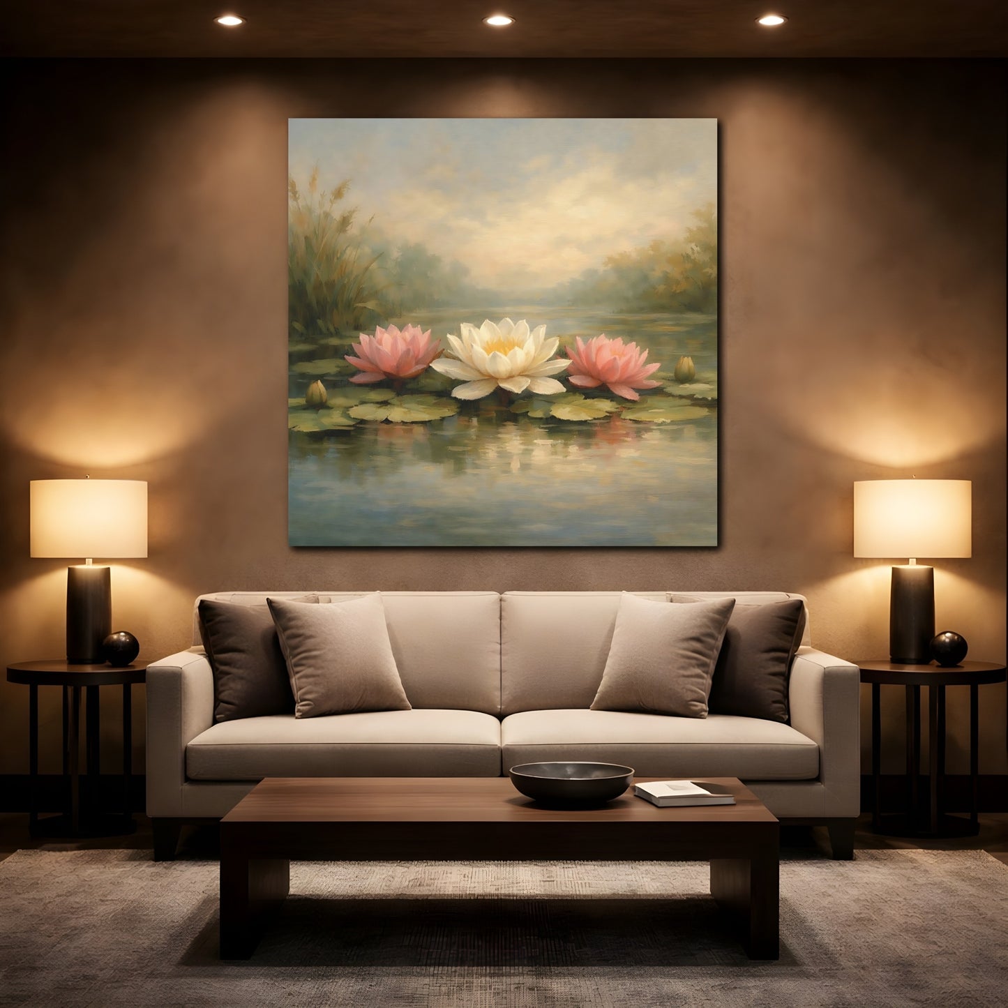 Mockup 2. Nature Water Lilies Pink And White Water Lilies shown as stretched canvas wall art