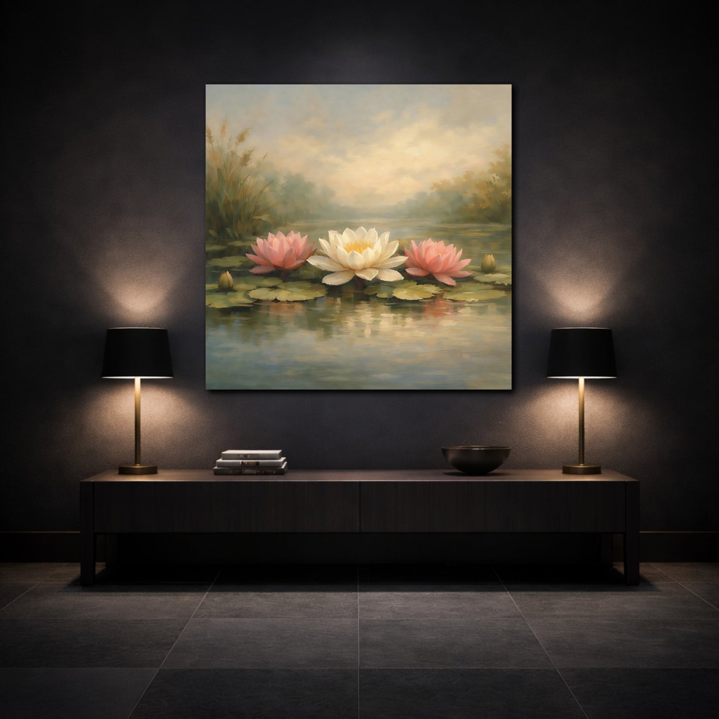Mockup 3. Nature Water Lilies Pink And White Water Lilies shown as stretched canvas wall art