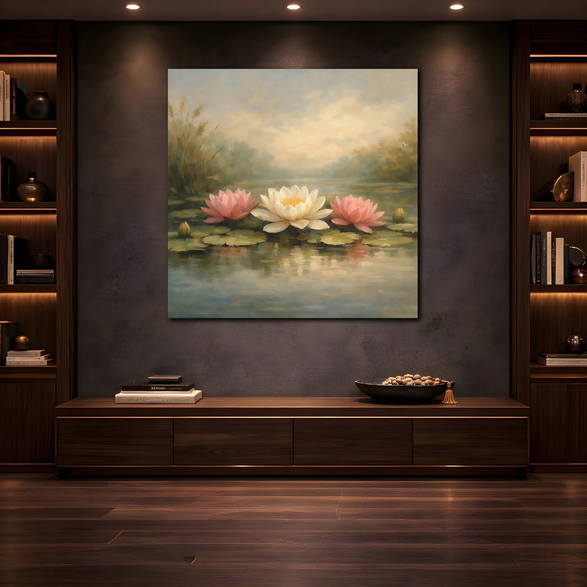 Mockup 4. Nature Water Lilies Pink And White Water Lilies shown as stretched canvas wall art