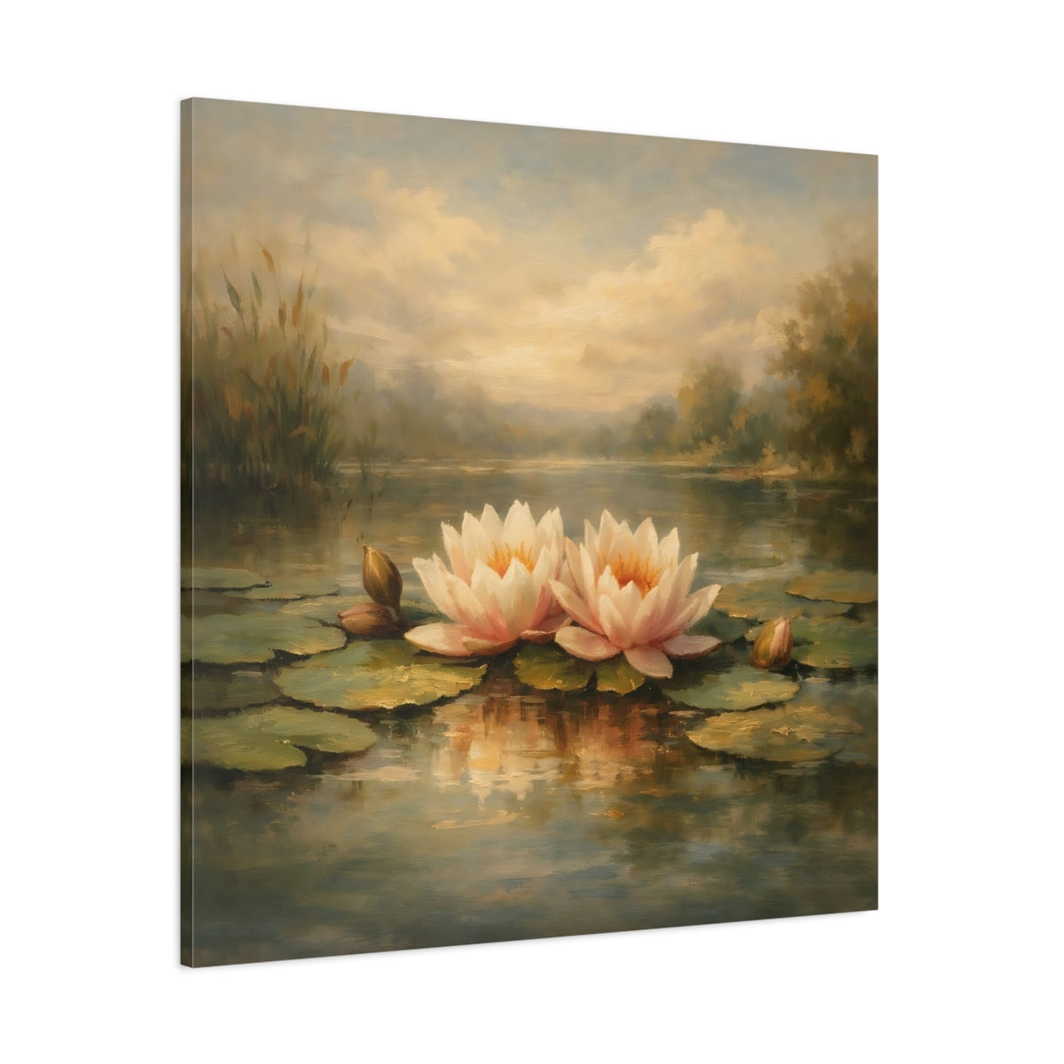 Main Mockup. Nature Water Lilies Pink Water Lilies Pond shown as stretched canvas wall art