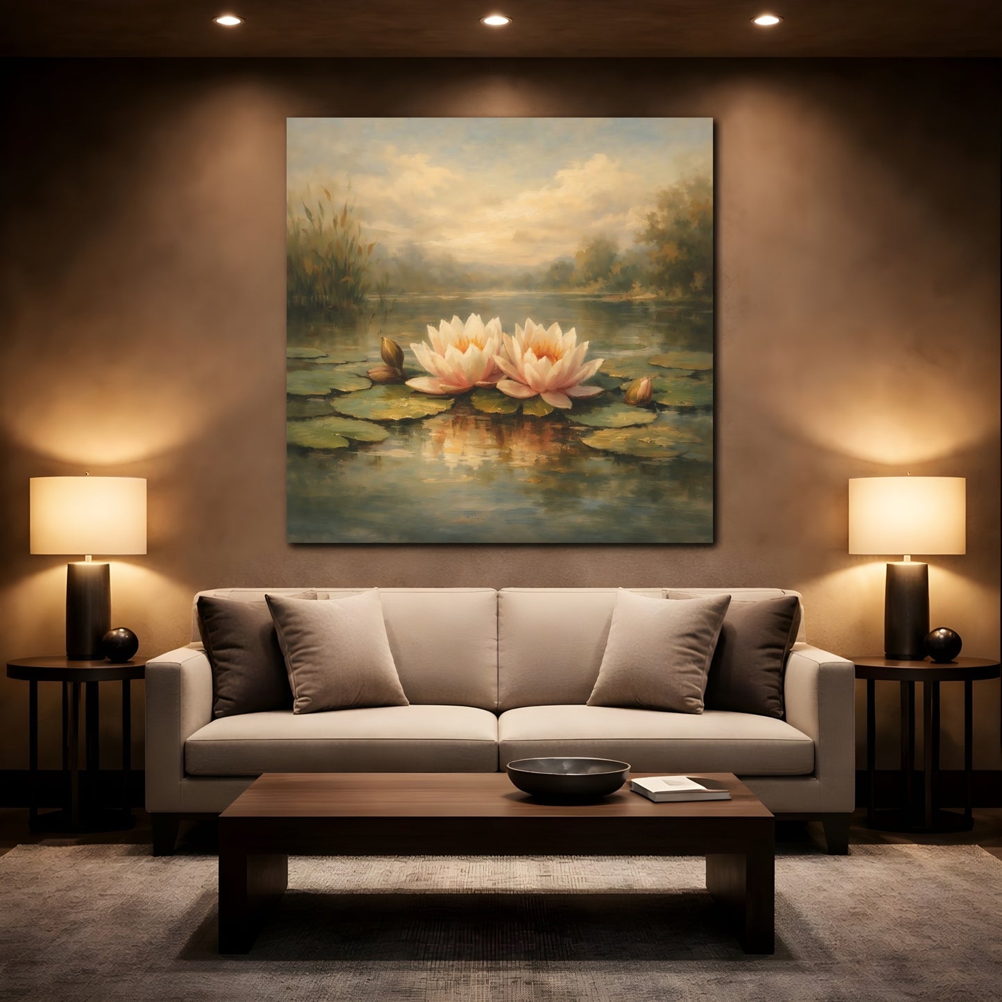 Mockup 2. Nature Water Lilies Pink Water Lilies Pond shown as stretched canvas wall art