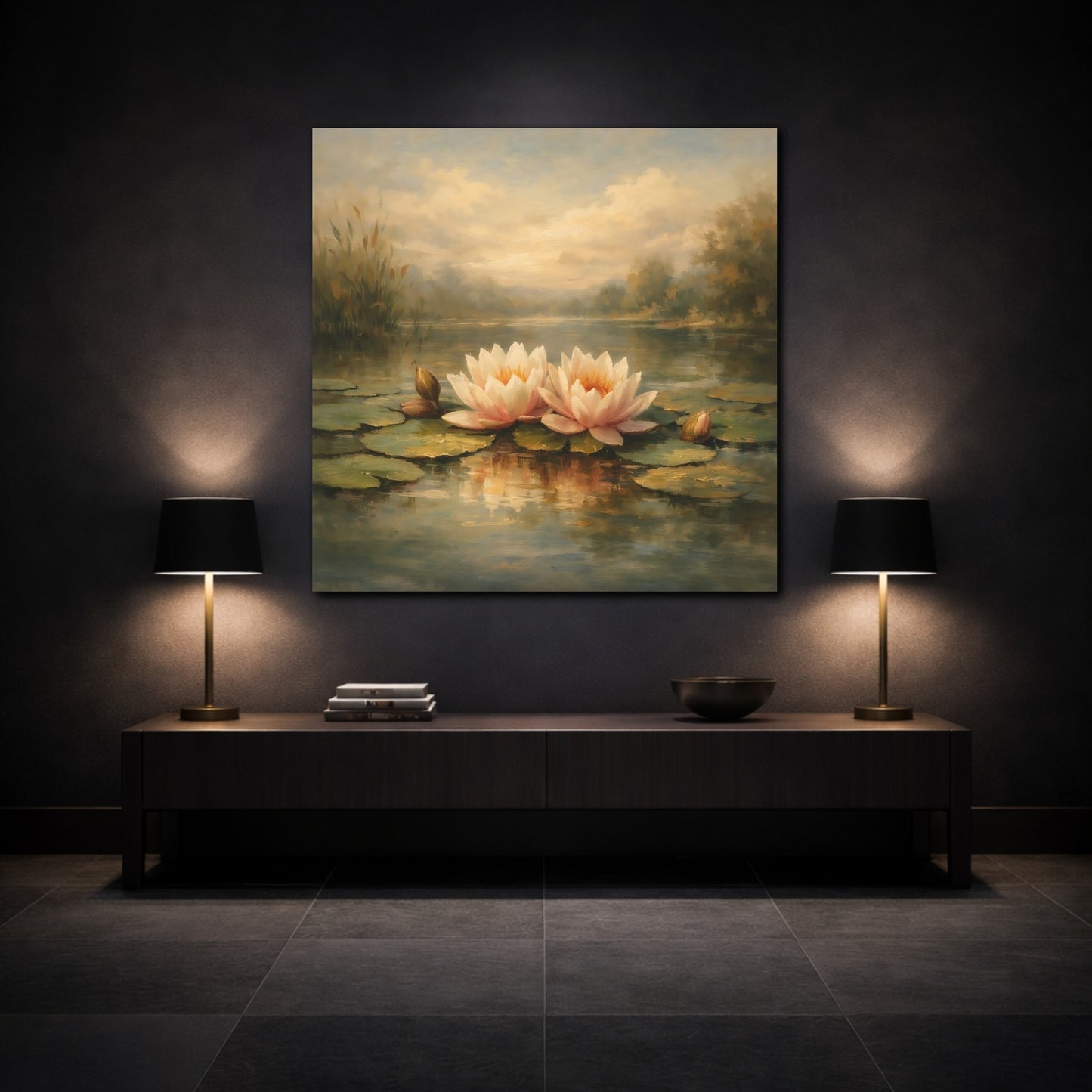 Mockup 3. Nature Water Lilies Pink Water Lilies Pond shown as stretched canvas wall art