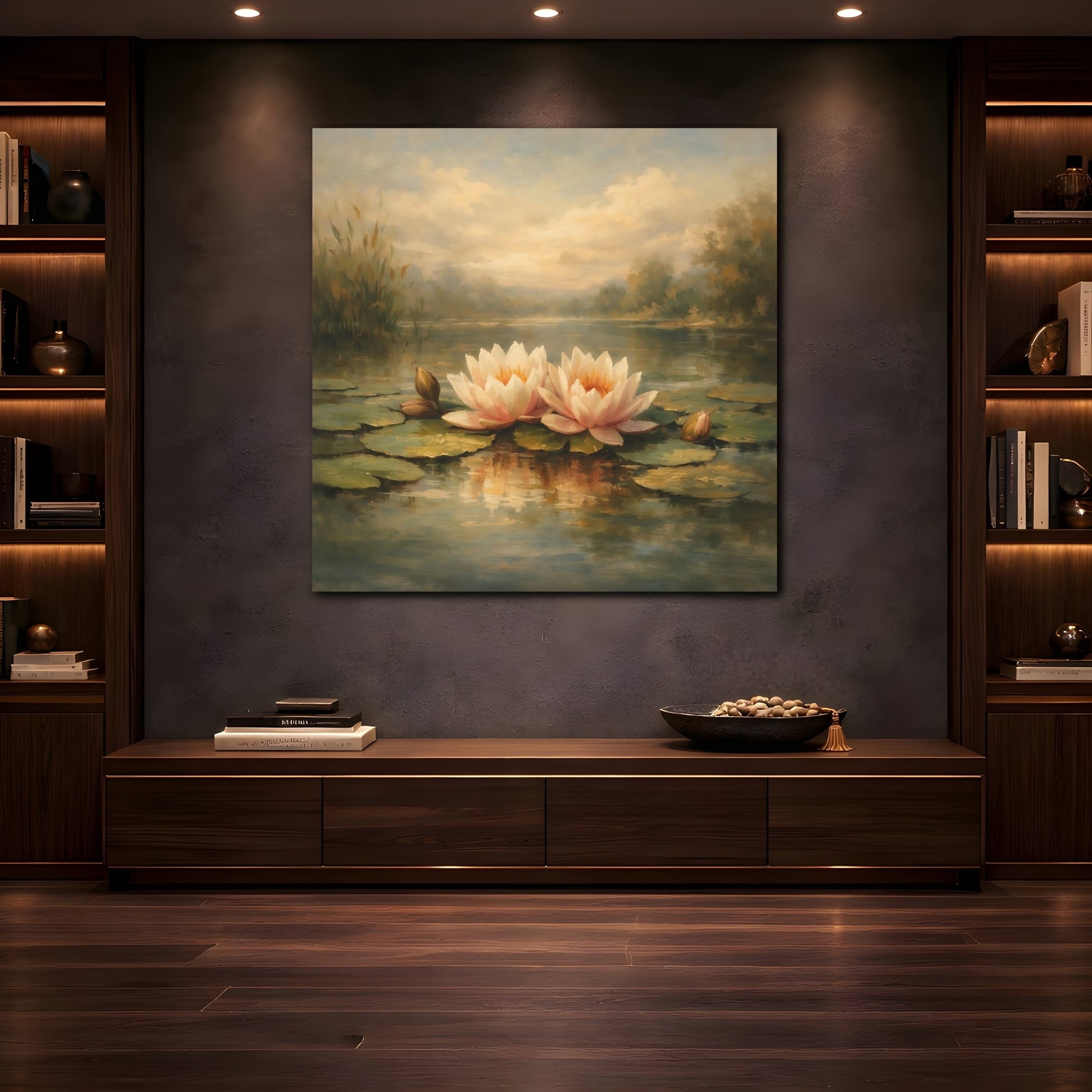 Mockup 4. Nature Water Lilies Pink Water Lilies Pond shown as stretched canvas wall art