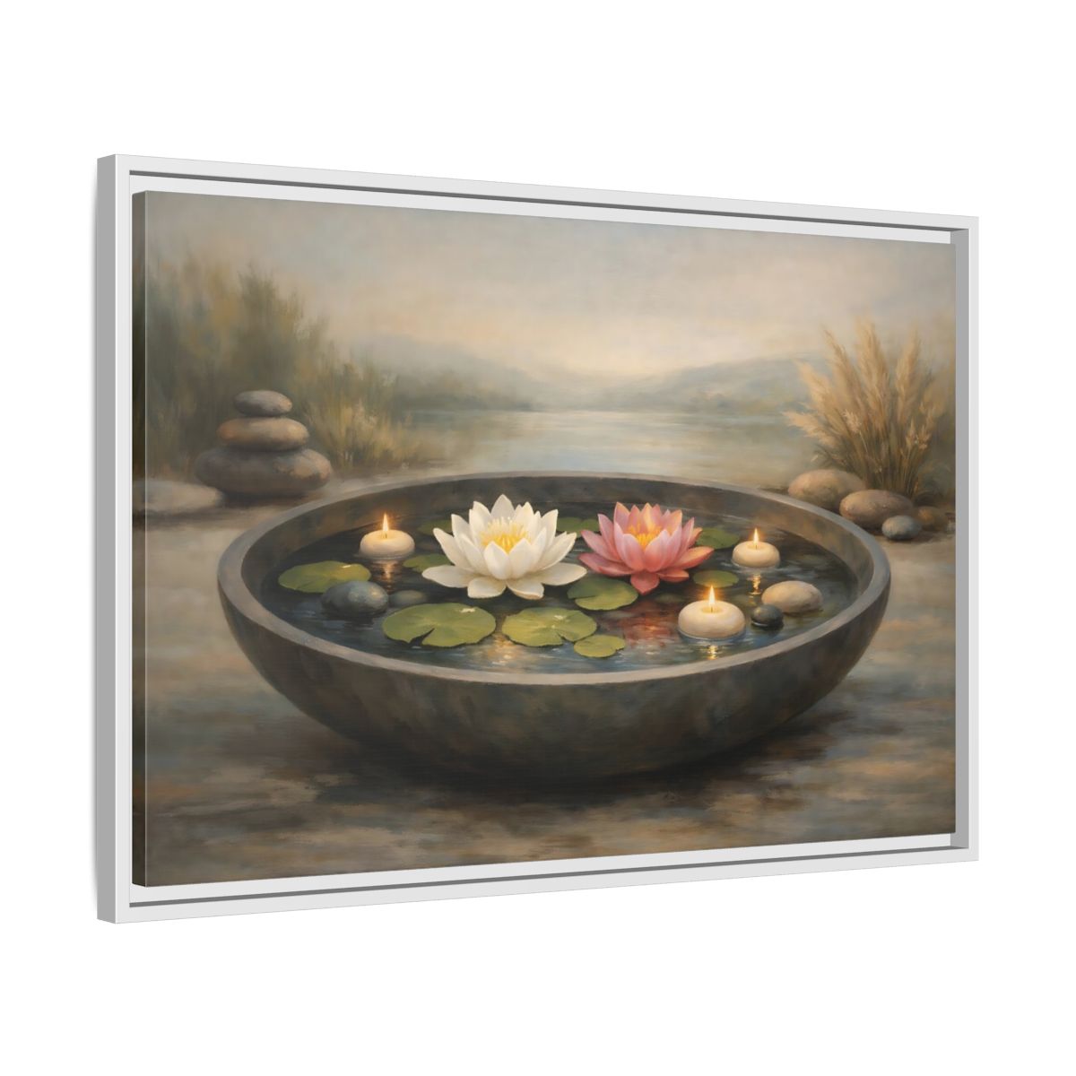 Side Mockup 10. Nature Water Lilies Serene Water Lilies shown as stretched canvas wall art