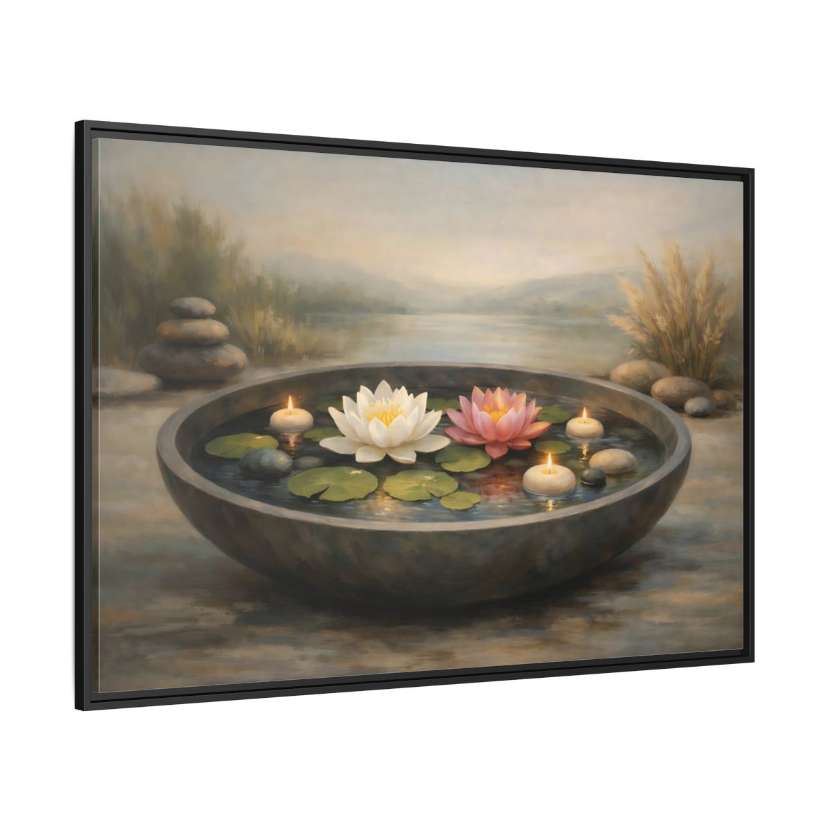 Side Mockup 12. Nature Water Lilies Serene Water Lilies shown as stretched canvas wall art