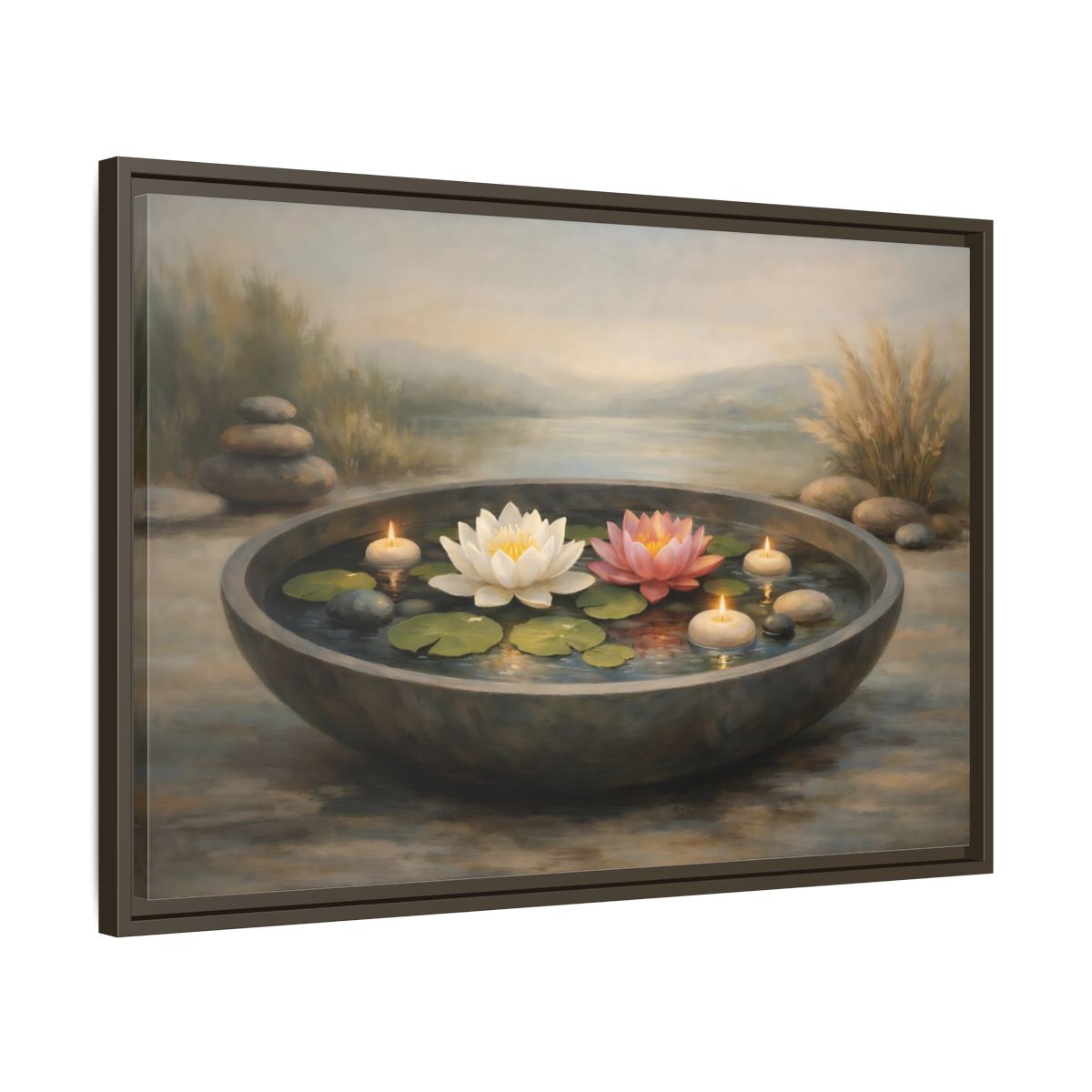 Side Mockup 11. Nature Water Lilies Serene Water Lilies shown as stretched canvas wall art
