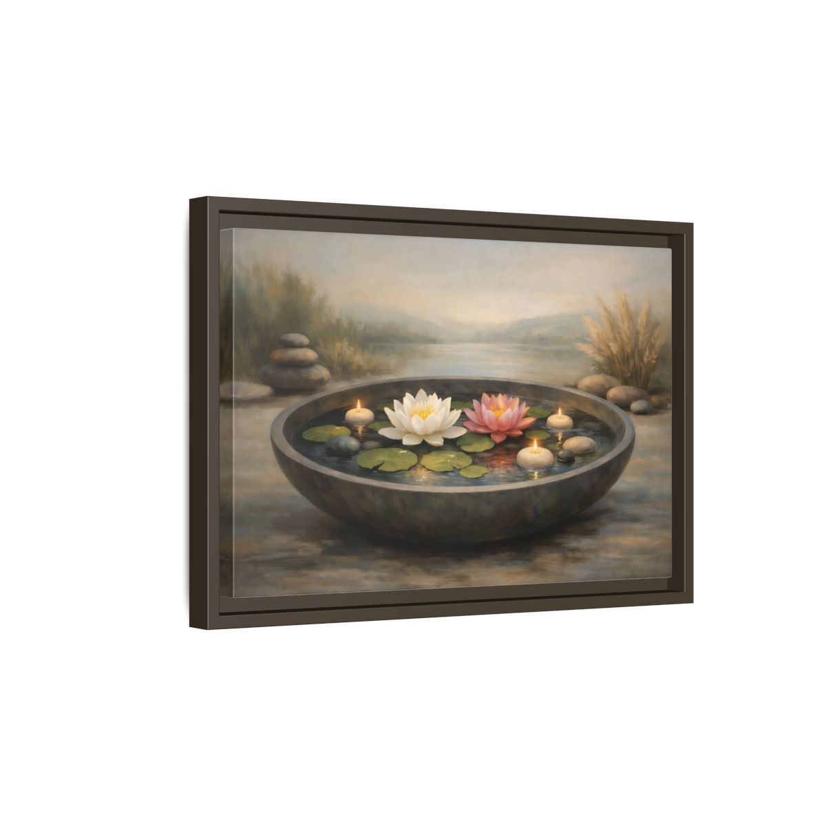 Side Mockup 5. Nature Water Lilies Serene Water Lilies shown as stretched canvas wall art