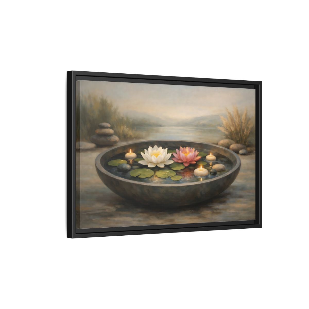 Side Mockup 3. Nature Water Lilies Serene Water Lilies shown as stretched canvas wall art