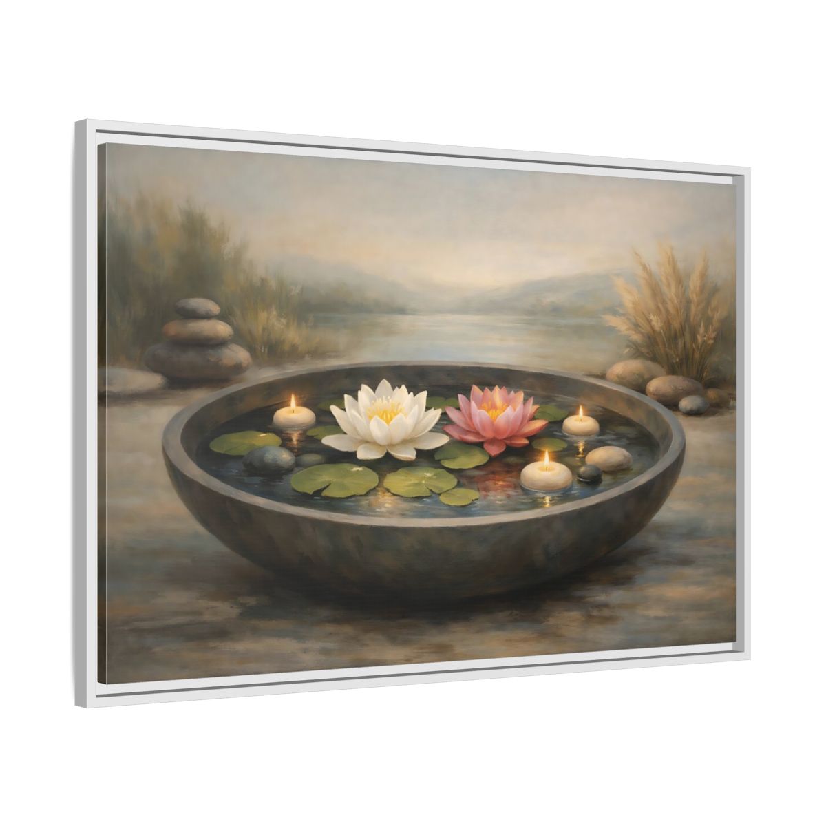 Side Mockup 8. Nature Water Lilies Serene Water Lilies shown as stretched canvas wall art