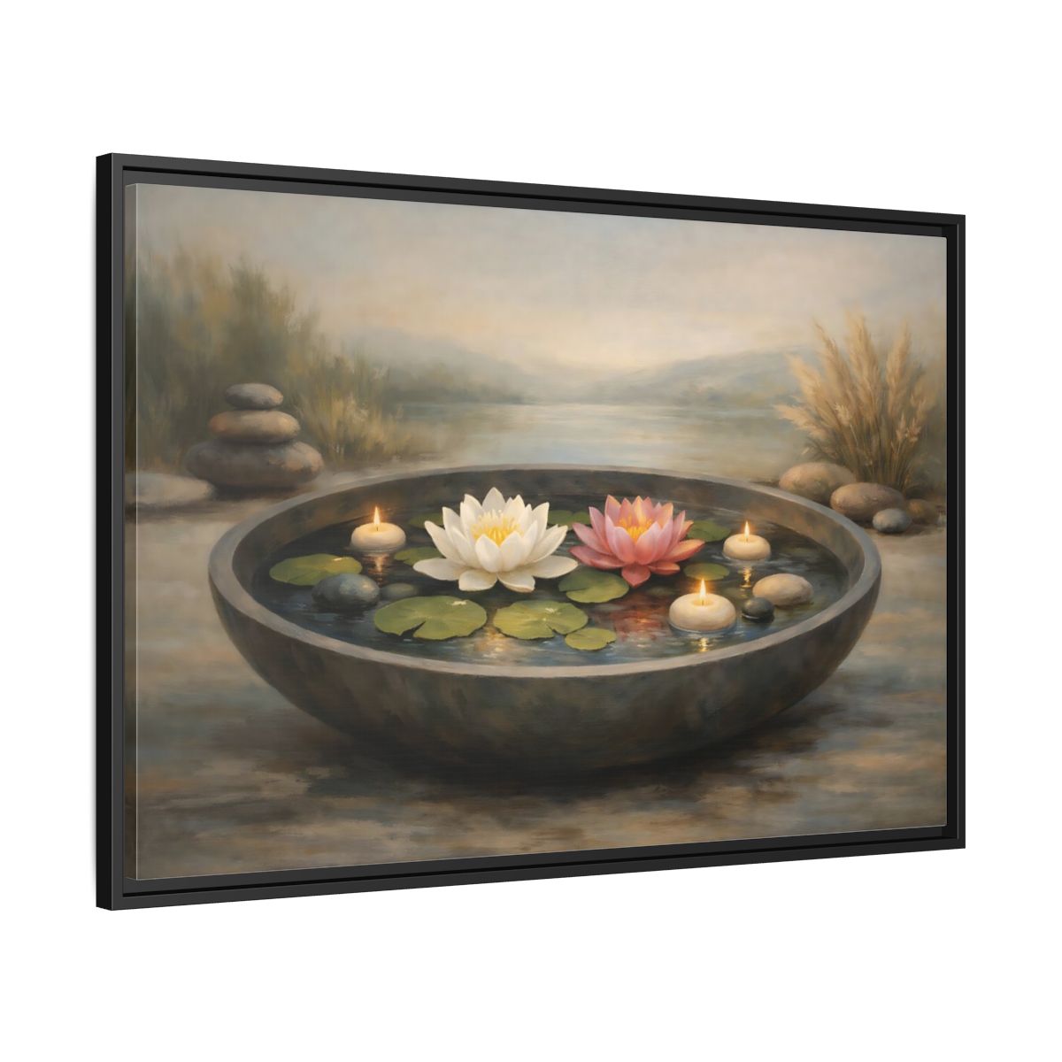 Side Mockup 13. Nature Water Lilies Serene Water Lilies shown as stretched canvas wall art