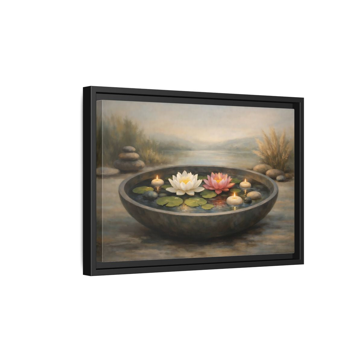 Side Mockup 6. Nature Water Lilies Serene Water Lilies shown as stretched canvas wall art
