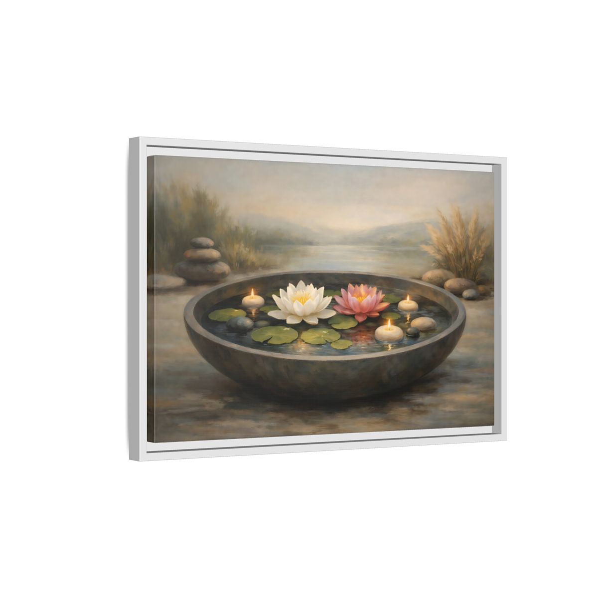 Side Mockup 1. Nature Water Lilies Serene Water Lilies shown as stretched canvas wall art