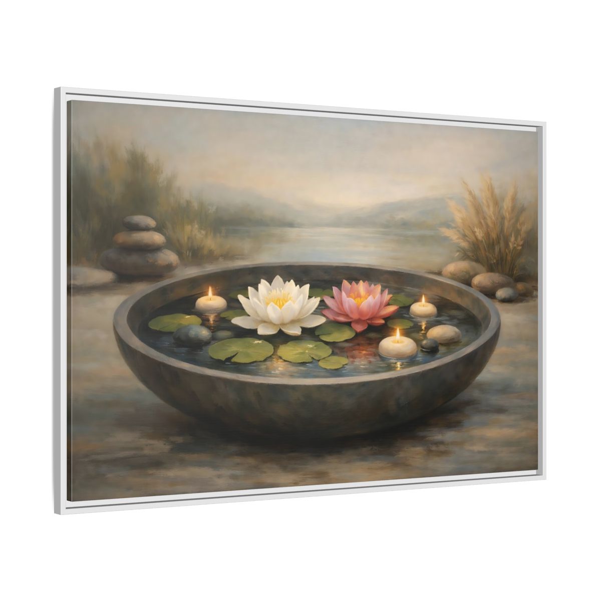Side Mockup 7. Nature Water Lilies Serene Water Lilies shown as stretched canvas wall art