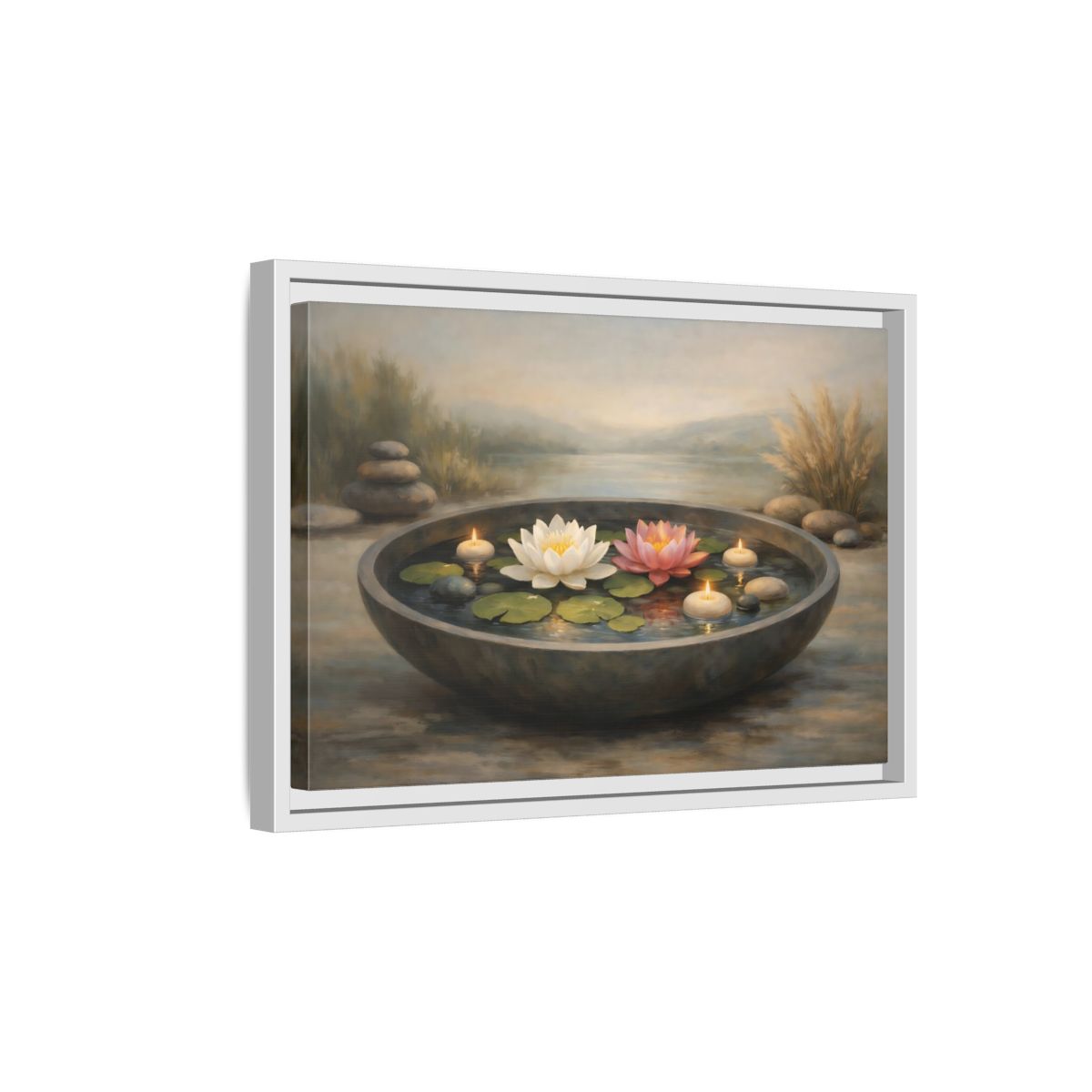 Side Mockup 4. Nature Water Lilies Serene Water Lilies shown as stretched canvas wall art