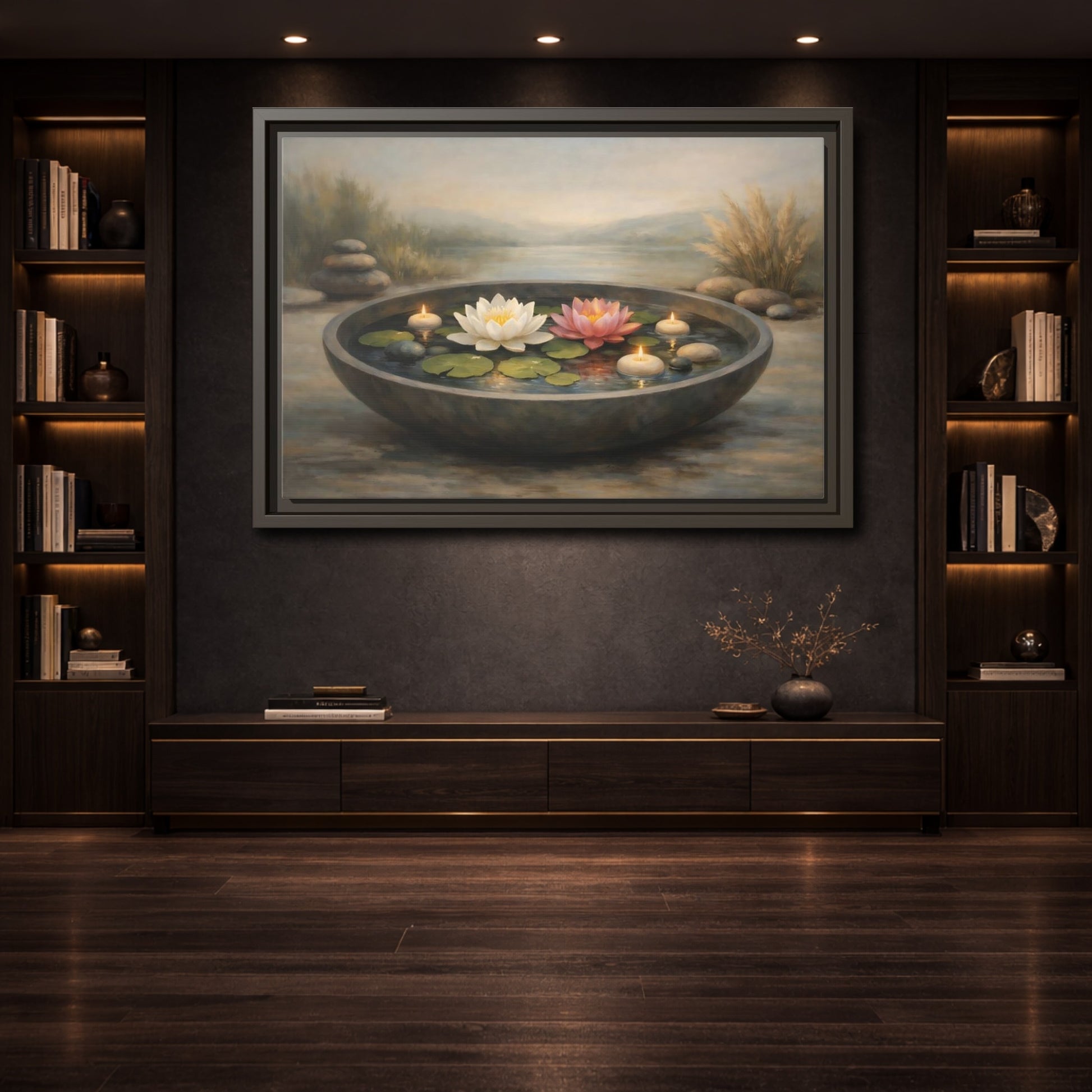 Mockup 3. Nature Water Lilies Serene Water Lilies shown as stretched canvas wall art