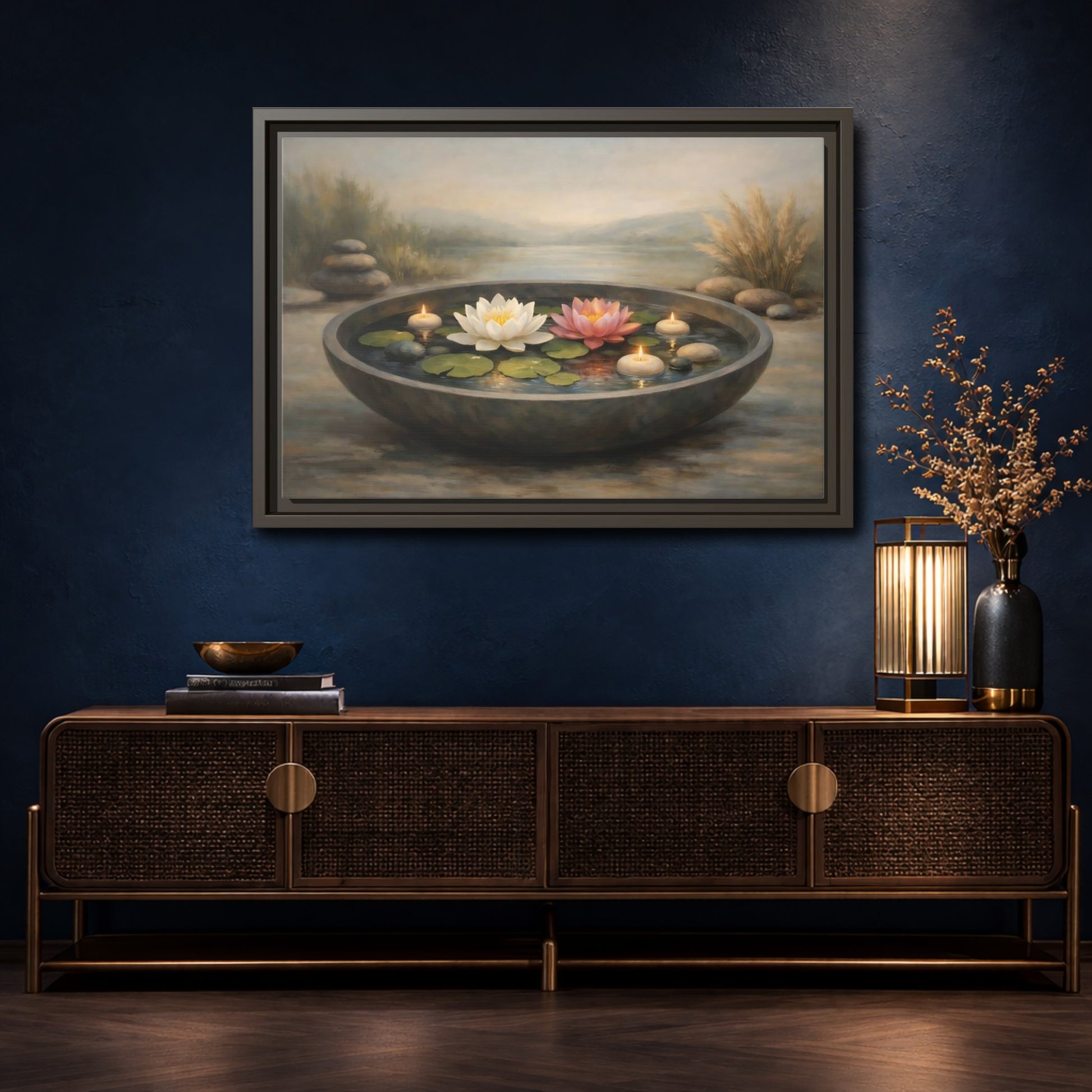 Mockup 4. Nature Water Lilies Serene Water Lilies shown as stretched canvas wall art