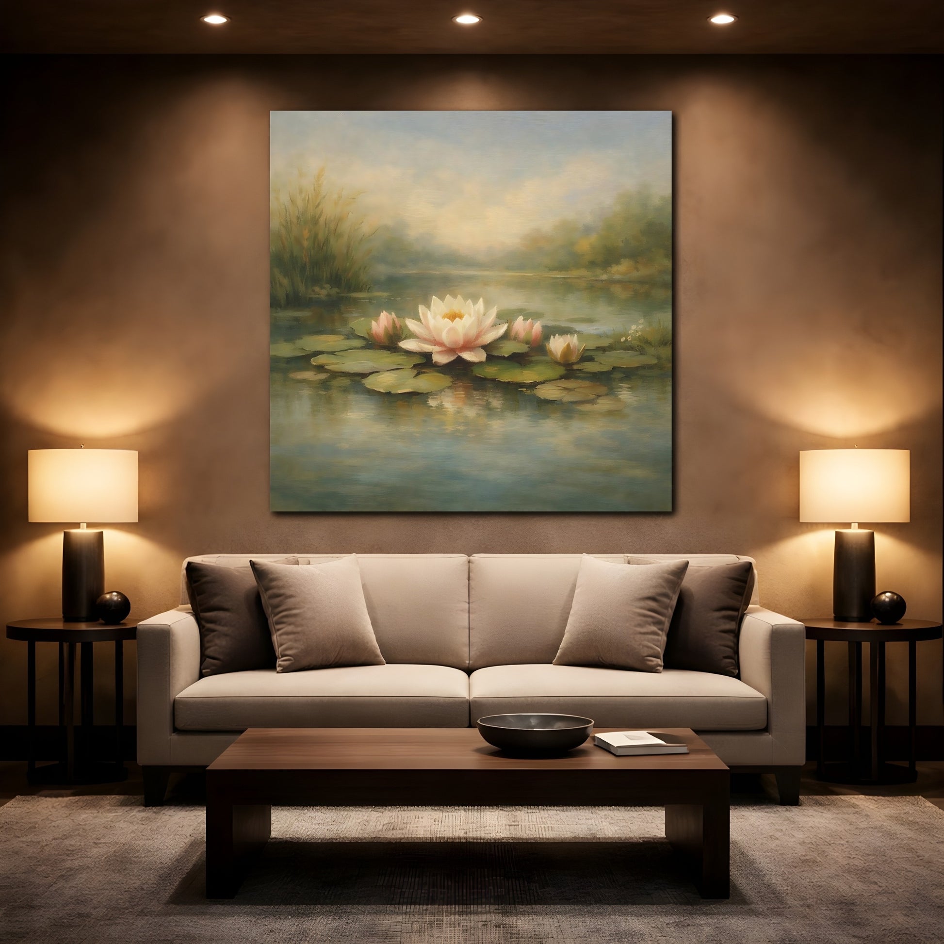 Mockup 2. Nature Water Lilies Water Lilies Pond shown as stretched canvas wall art