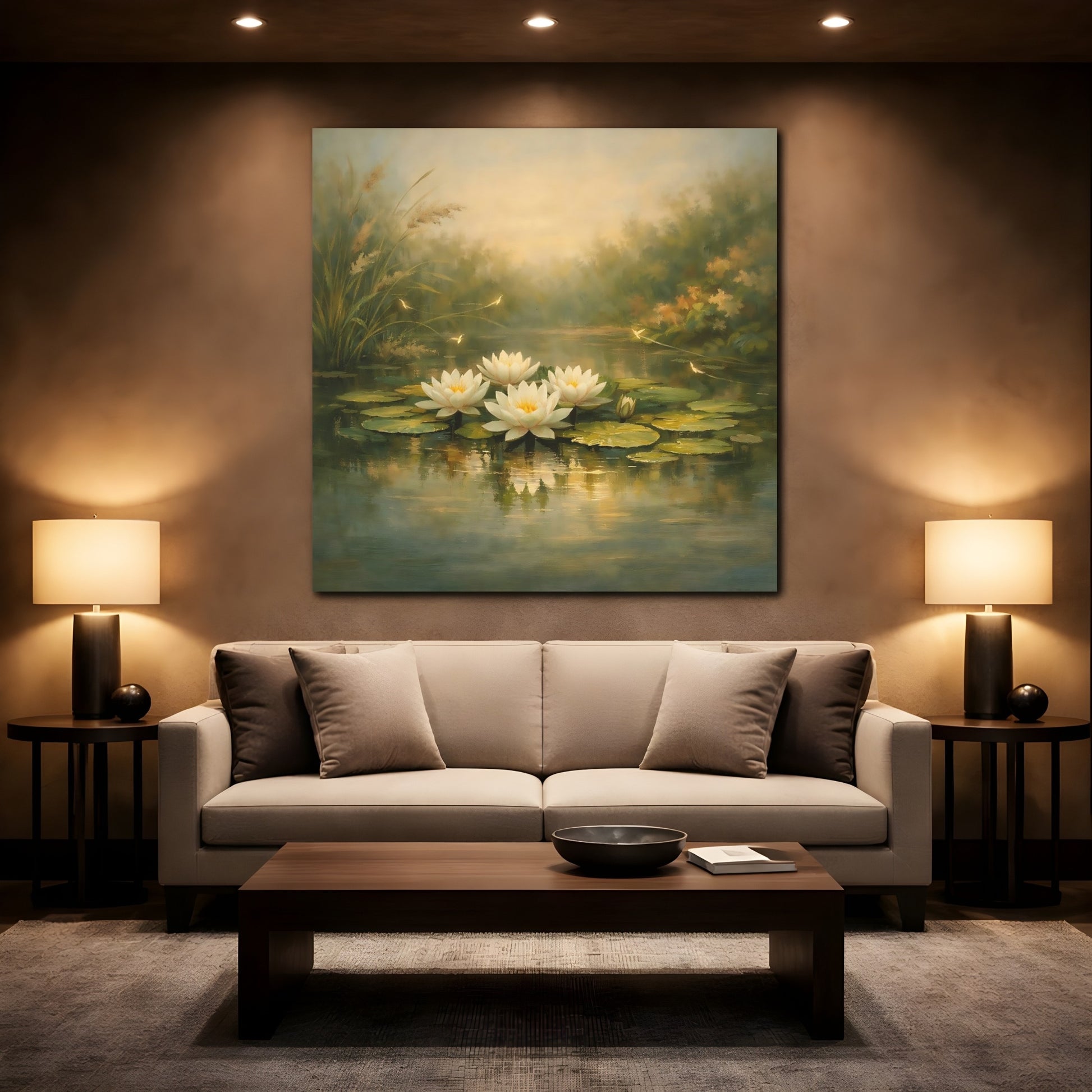 Mockup 2. Nature Water Lilies Water Lilies Pond shown as stretched canvas wall art