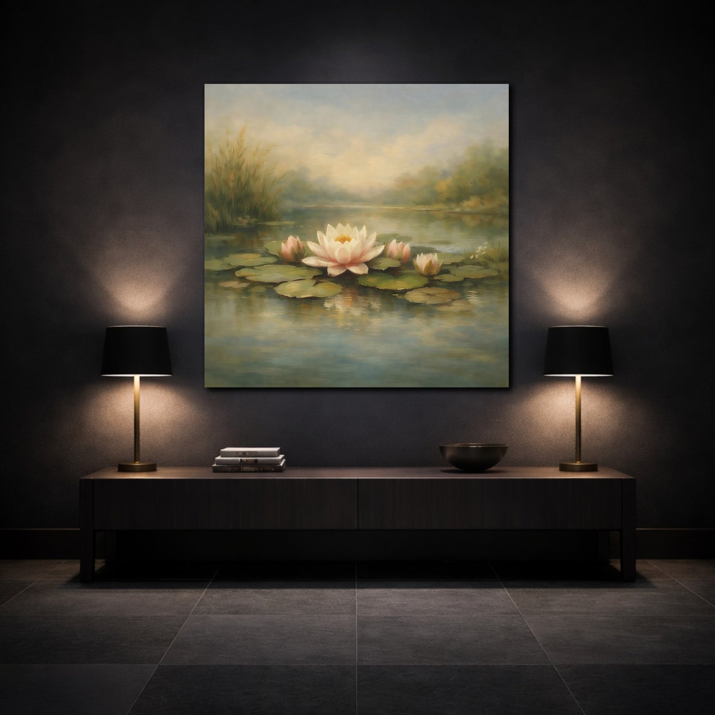 Mockup 3. Nature Water Lilies Water Lilies Pond shown as stretched canvas wall art