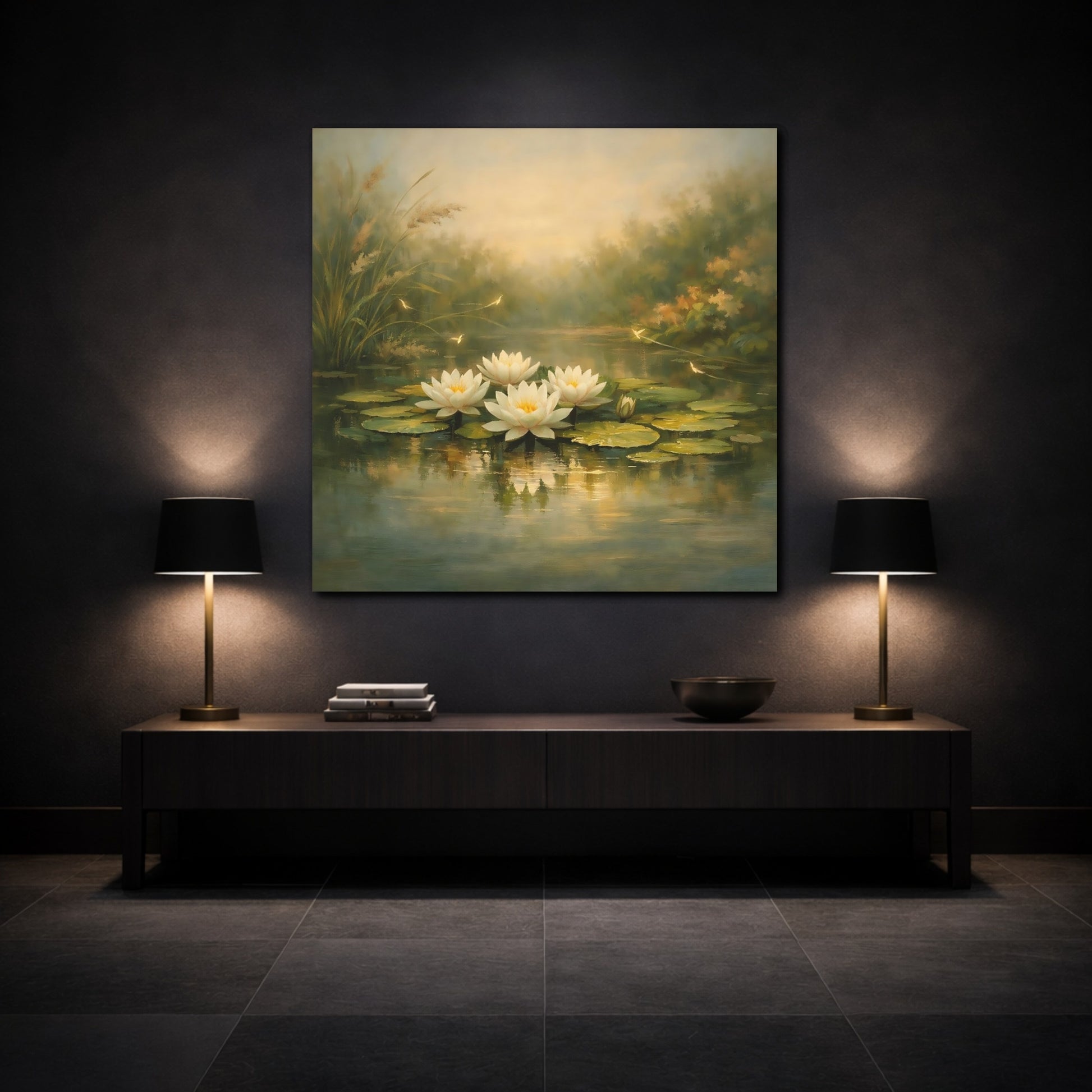 Mockup 3. Nature Water Lilies Water Lilies Pond shown as stretched canvas wall art