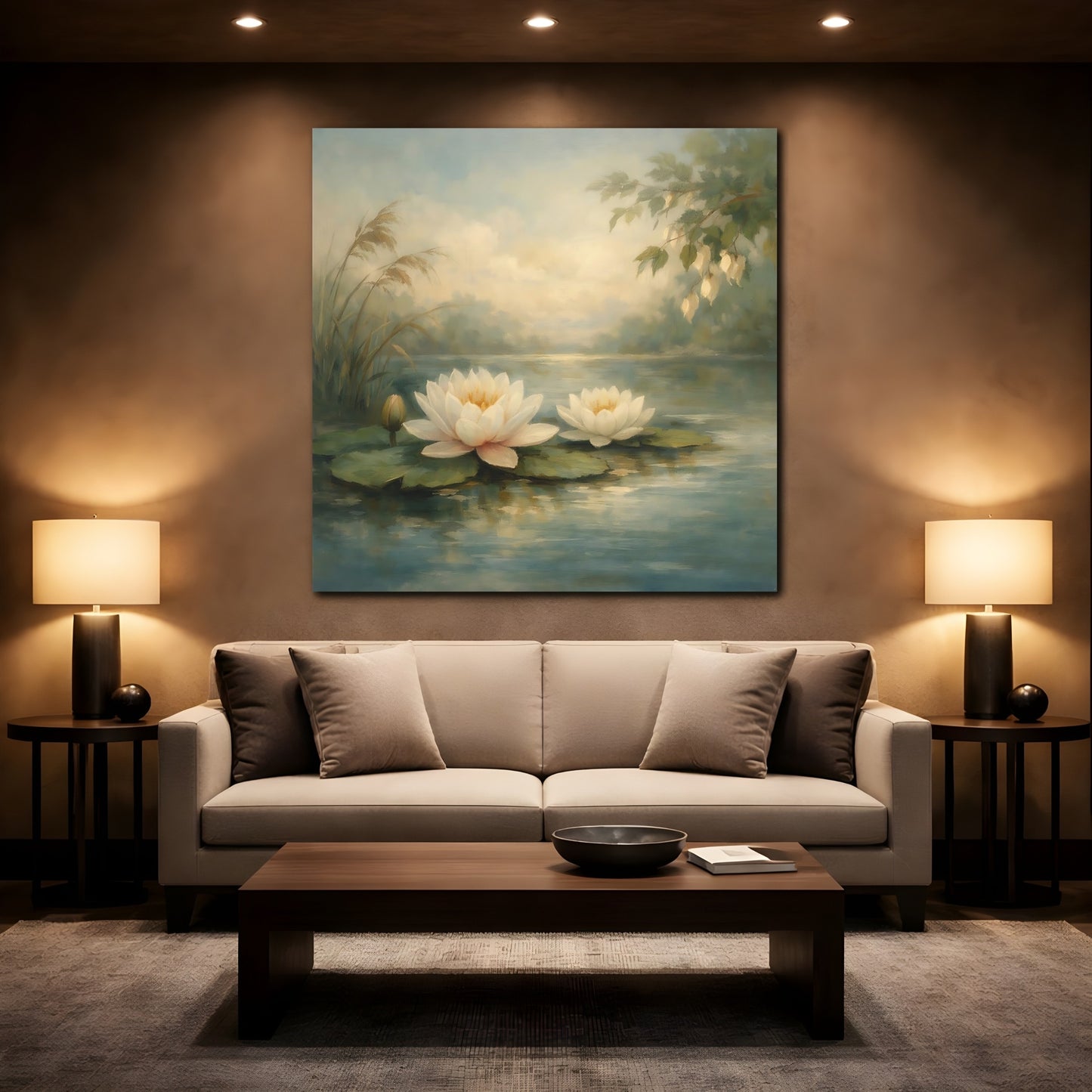 Mockup 2. Nature Water Lilies Water Lily Pond shown as stretched canvas wall art