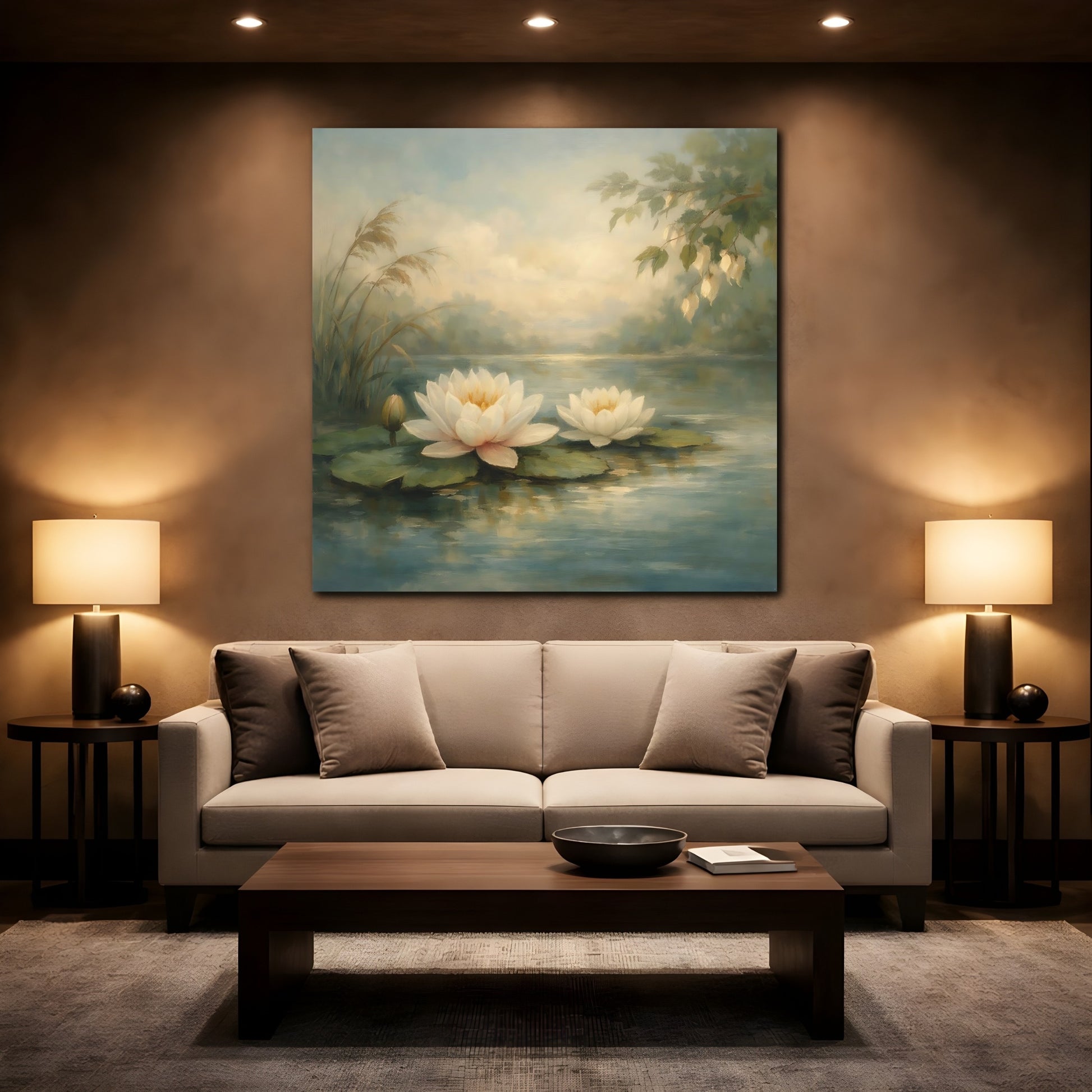 Mockup 2. Nature Water Lilies Water Lily Pond shown as stretched canvas wall art