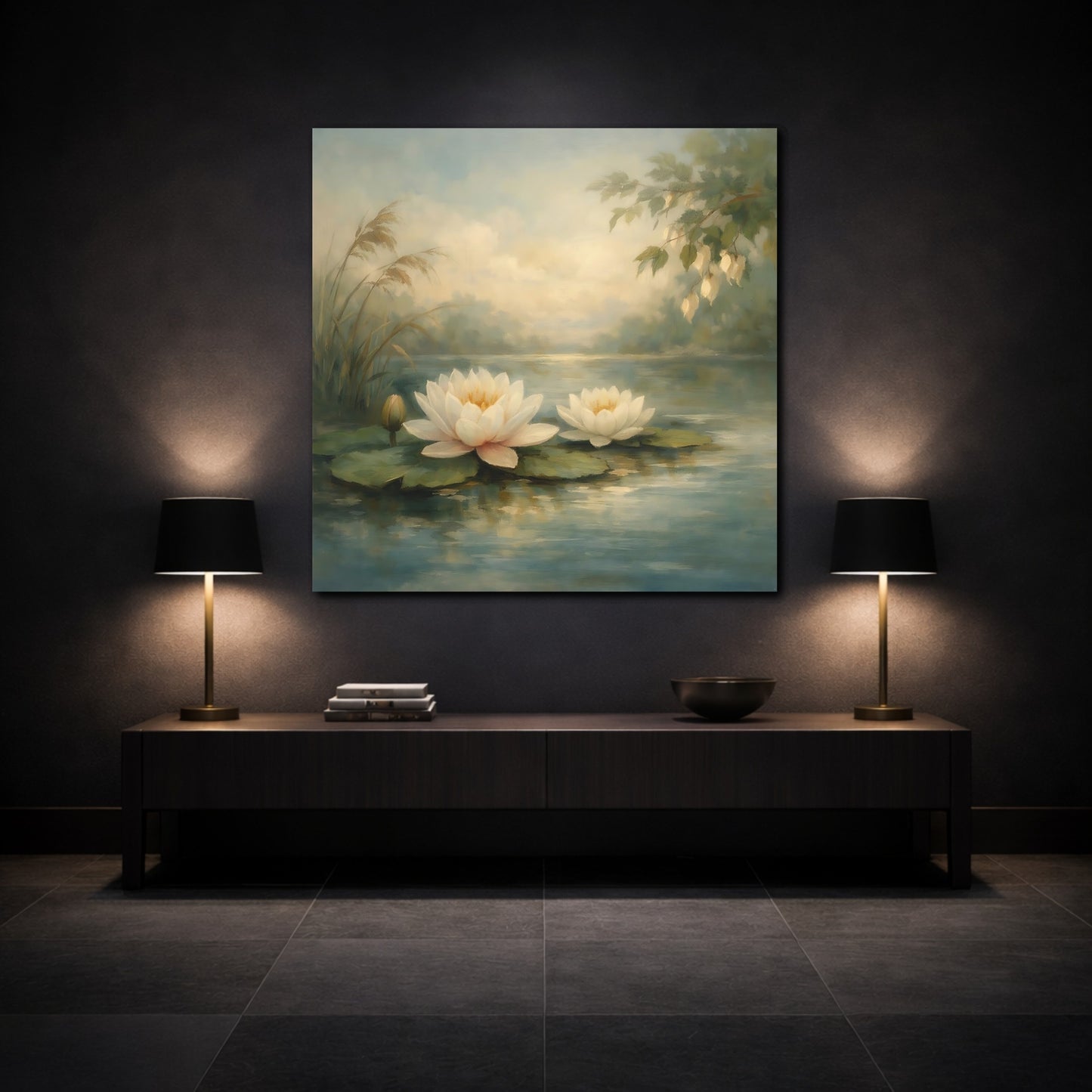 Mockup 3. Nature Water Lilies Water Lily Pond shown as stretched canvas wall art