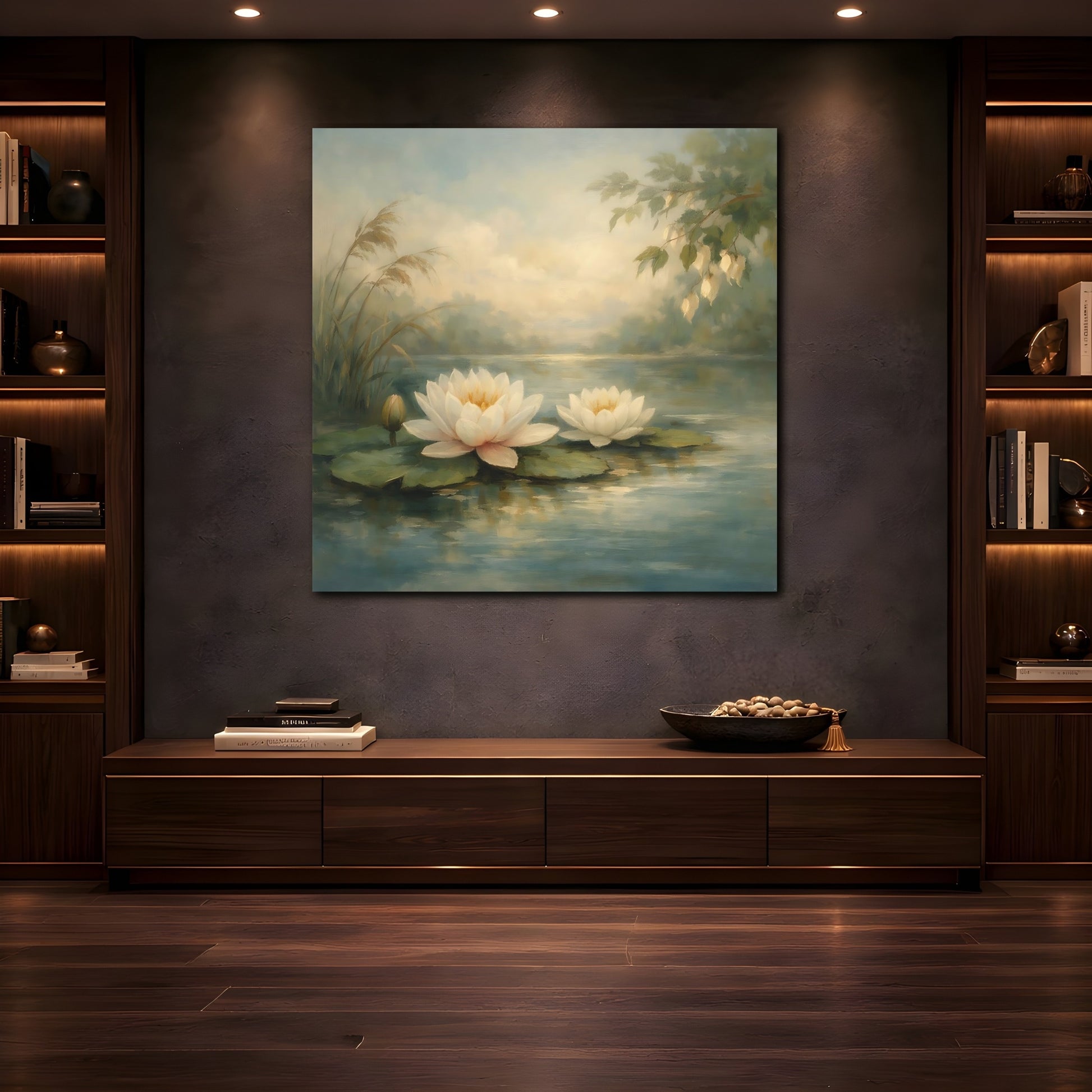 Mockup 4. Nature Water Lilies Water Lily Pond shown as stretched canvas wall art
